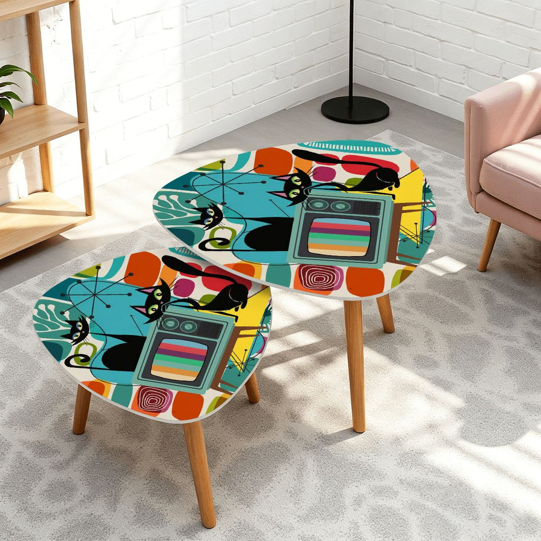 Atomic Cat Retro TV Nesting Tables, Mid Century Modern Amoeba Coffee Tables, 50s MCM Accent Tables, Vintage Pop Art Furniture Set