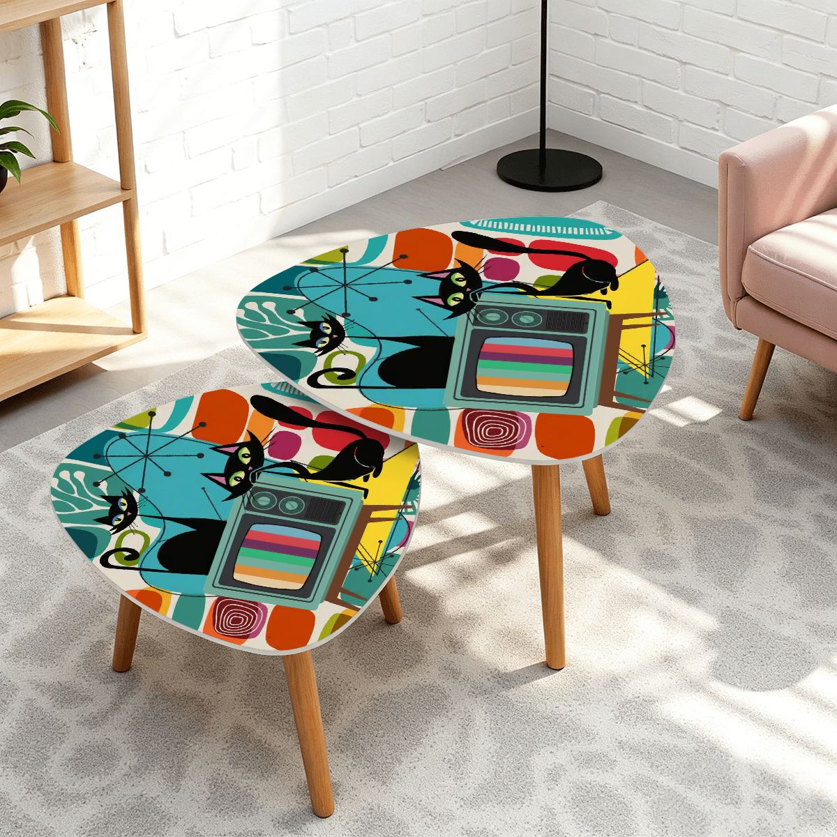 Atomic Cat Retro TV Nesting Tables, Mid Century Modern Amoeba Coffee Tables, 50s MCM Accent Tables, Vintage Pop Art Furniture Set