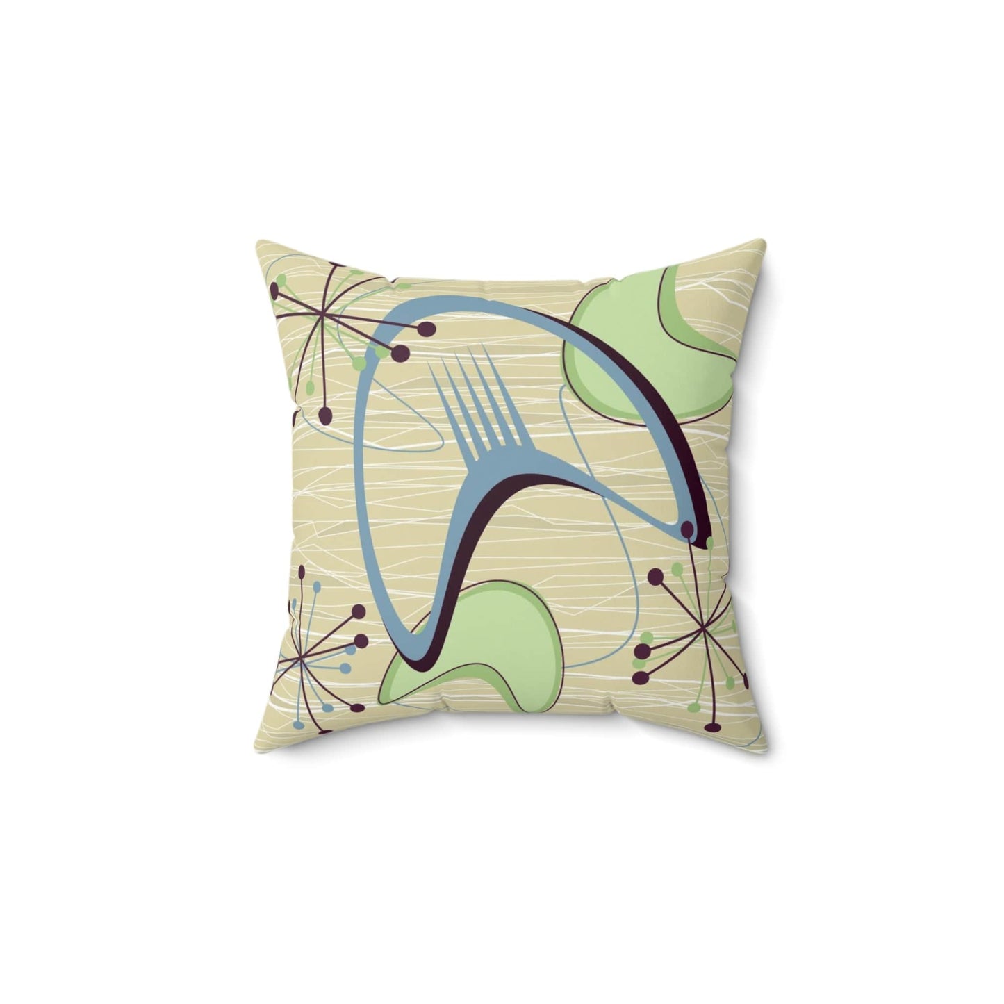 Printify 1950s Atomic Boomerang Mid Century Modern Throw Pillow in Retro Vintage Beige, Blue, Green Geometric Starbursts, MCM Abstract Accent Pillow Home Decor 14" × 14" 31105224266807664878
