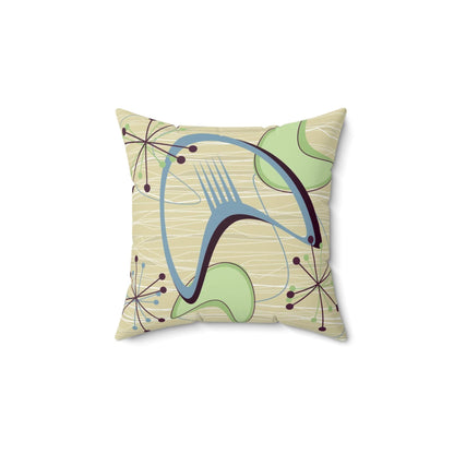 Printify 1950s Atomic Boomerang Mid Century Modern Throw Pillow in Retro Vintage Beige, Blue, Green Geometric Starbursts, MCM Abstract Accent Pillow Home Decor 14" × 14" 31105224266807664878