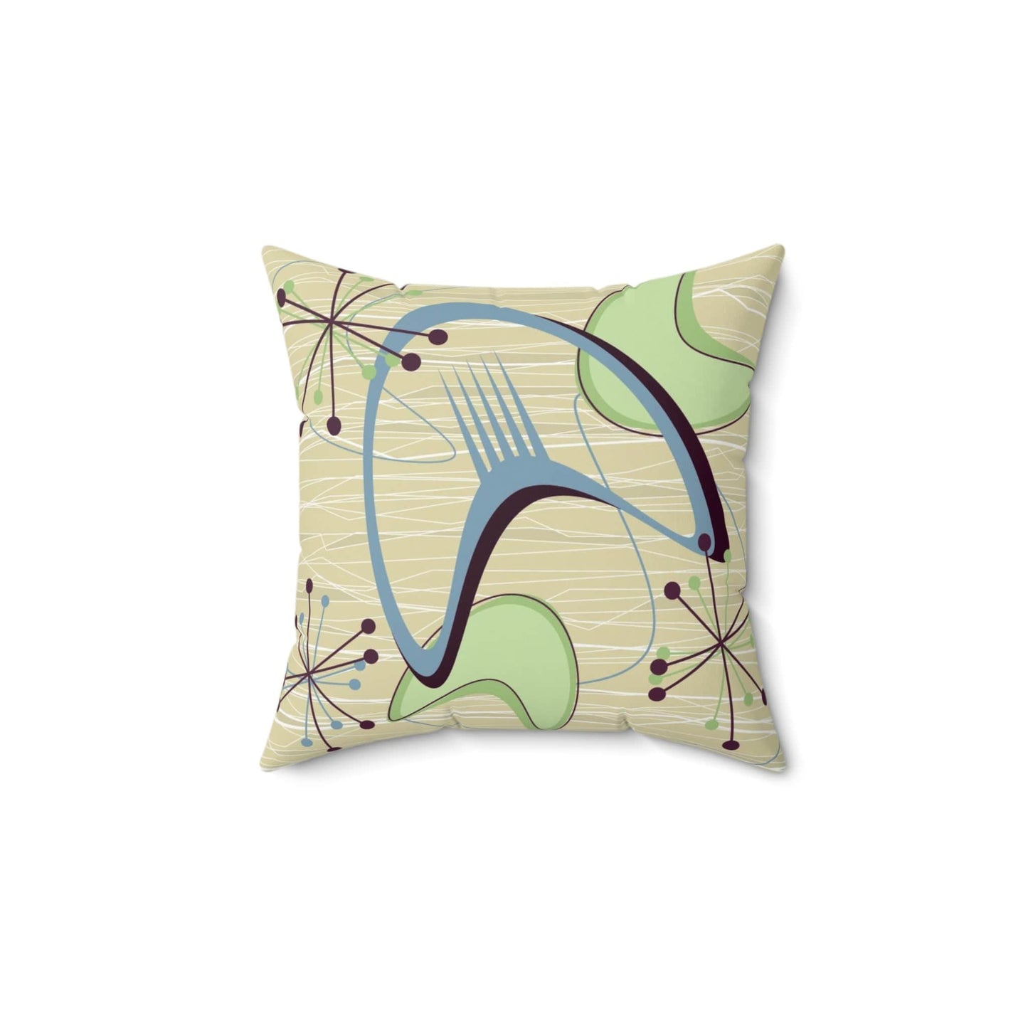 Printify 1950s Atomic Boomerang Mid Century Modern Throw Pillow in Retro Vintage Beige, Blue, Green Geometric Starbursts, MCM Abstract Accent Pillow Home Decor