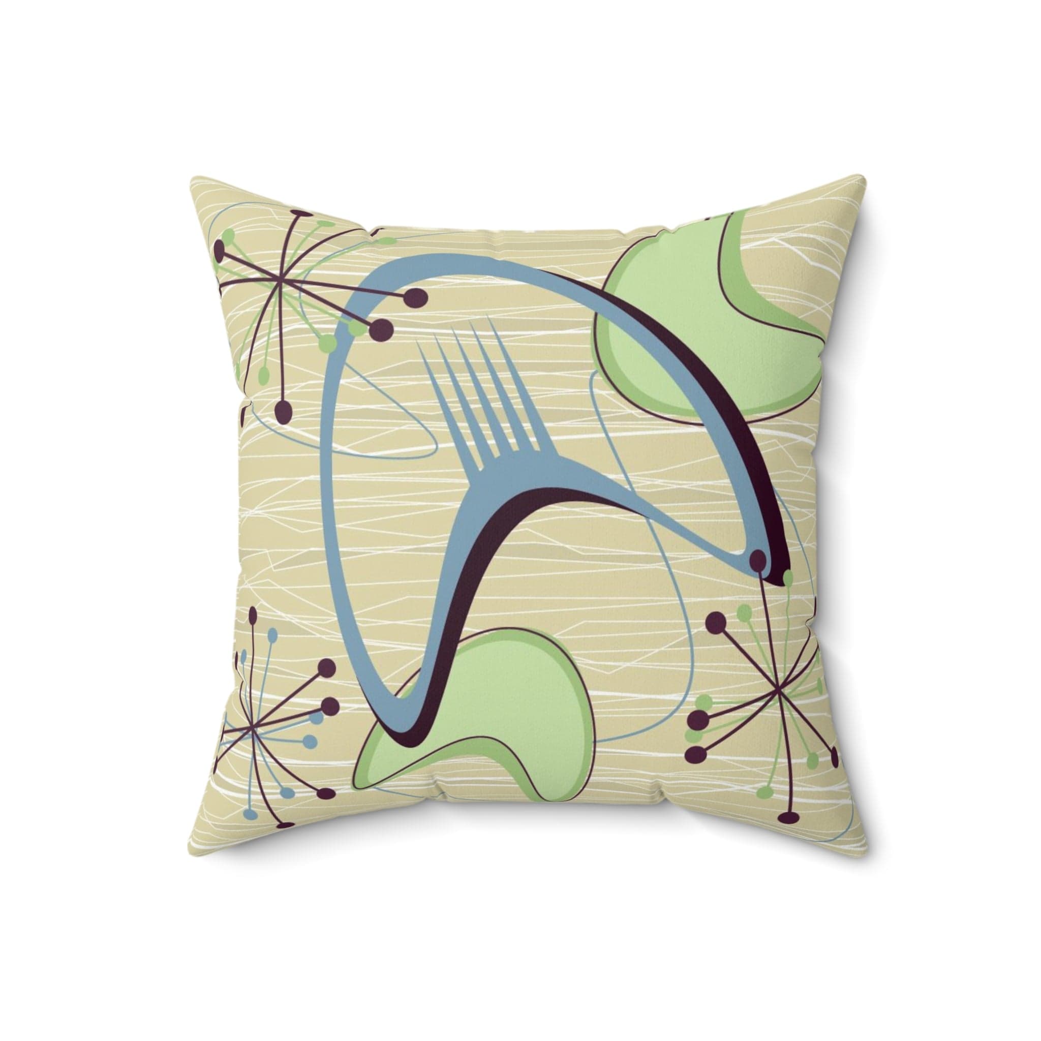 Kate McEnroe New York 1950s Atomic Boomerang Mid Century Modern Throw Pillow in Retro Vintage Beige, Blue, Green Geometric Starbursts, MCM Abstract Accent PillowThrow Pillows15003298257363880645