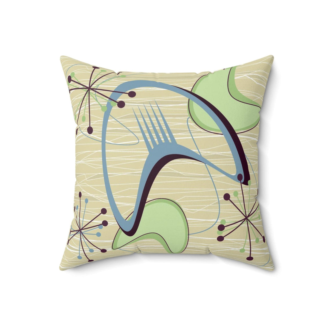 Kate McEnroe New York 1950s Atomic Boomerang Mid Century Modern Throw Pillow in Retro Vintage Beige, Blue, Green Geometric Starbursts, MCM Abstract Accent PillowThrow Pillows18545395407889238851