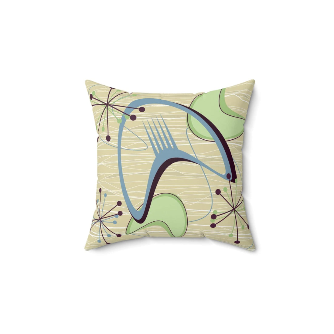 Kate McEnroe New York 1950s Atomic Boomerang Mid Century Modern Throw Pillow in Retro Vintage Beige, Blue, Green Geometric Starbursts, MCM Abstract Accent PillowThrow Pillows31105224266807664878