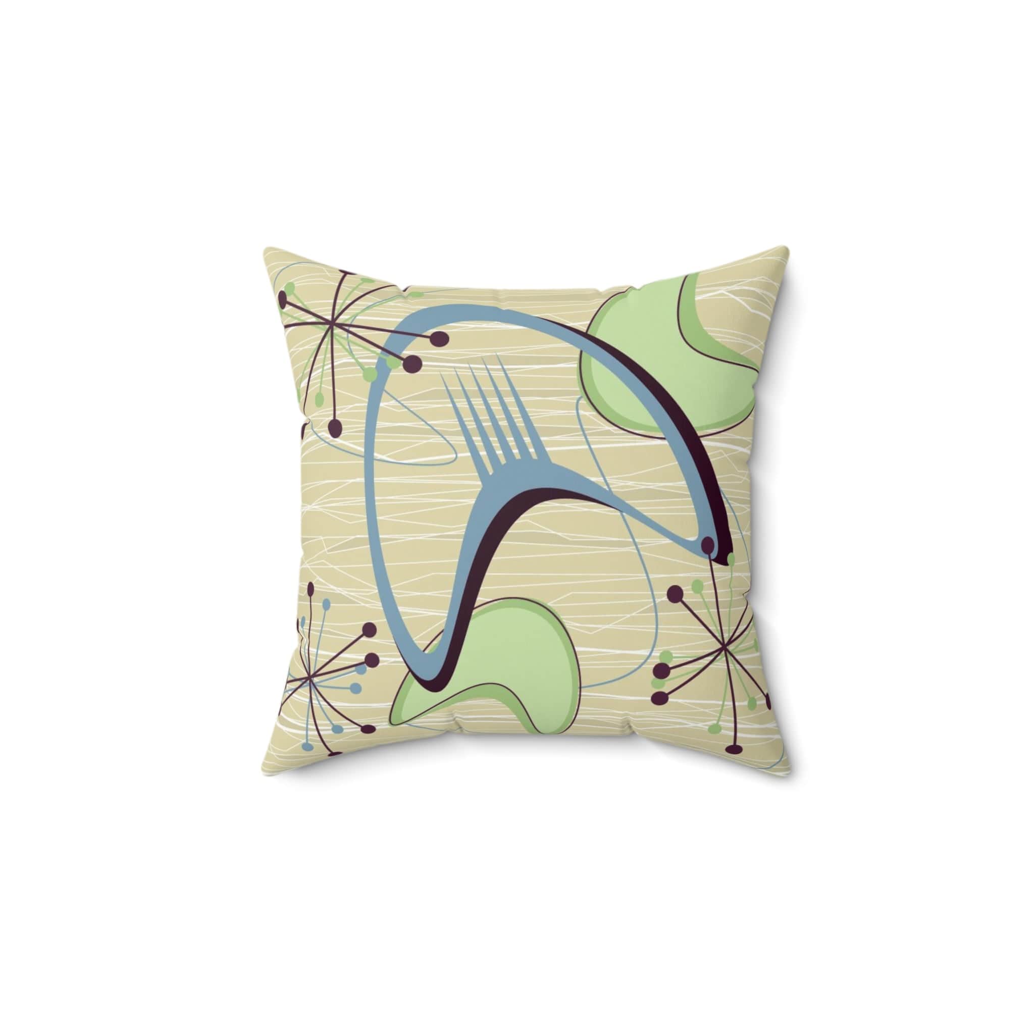 Kate McEnroe New York 1950s Atomic Boomerang Mid Century Modern Throw Pillow in Retro Vintage Beige, Blue, Green Geometric Starbursts, MCM Abstract Accent PillowThrow Pillows31105224266807664878