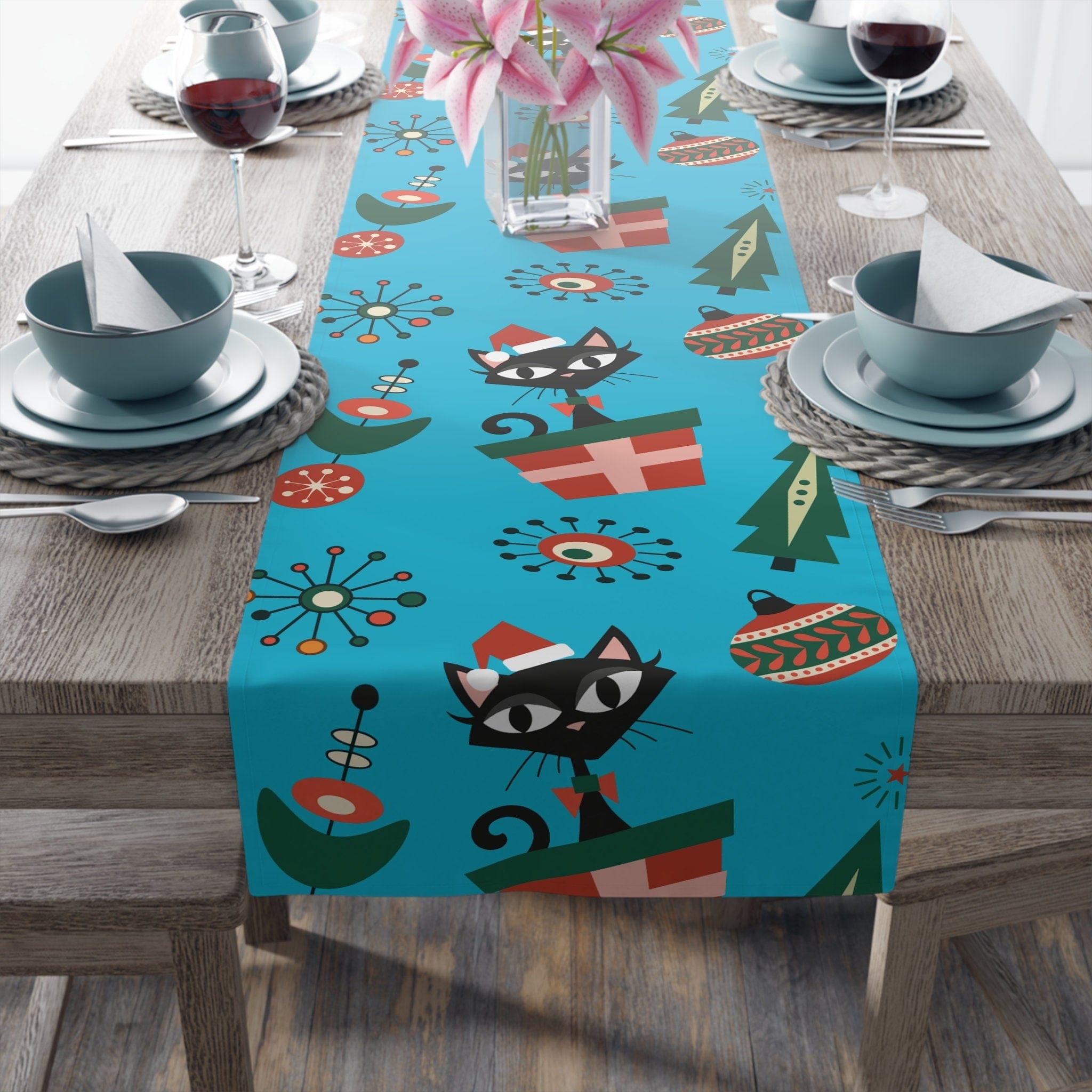 Kate McEnroe New York 1950s Atomic Kitschy Black Cat Christmas Table Runner, Mid Century Retro Holiday DecorTable Runners32832533655449276806