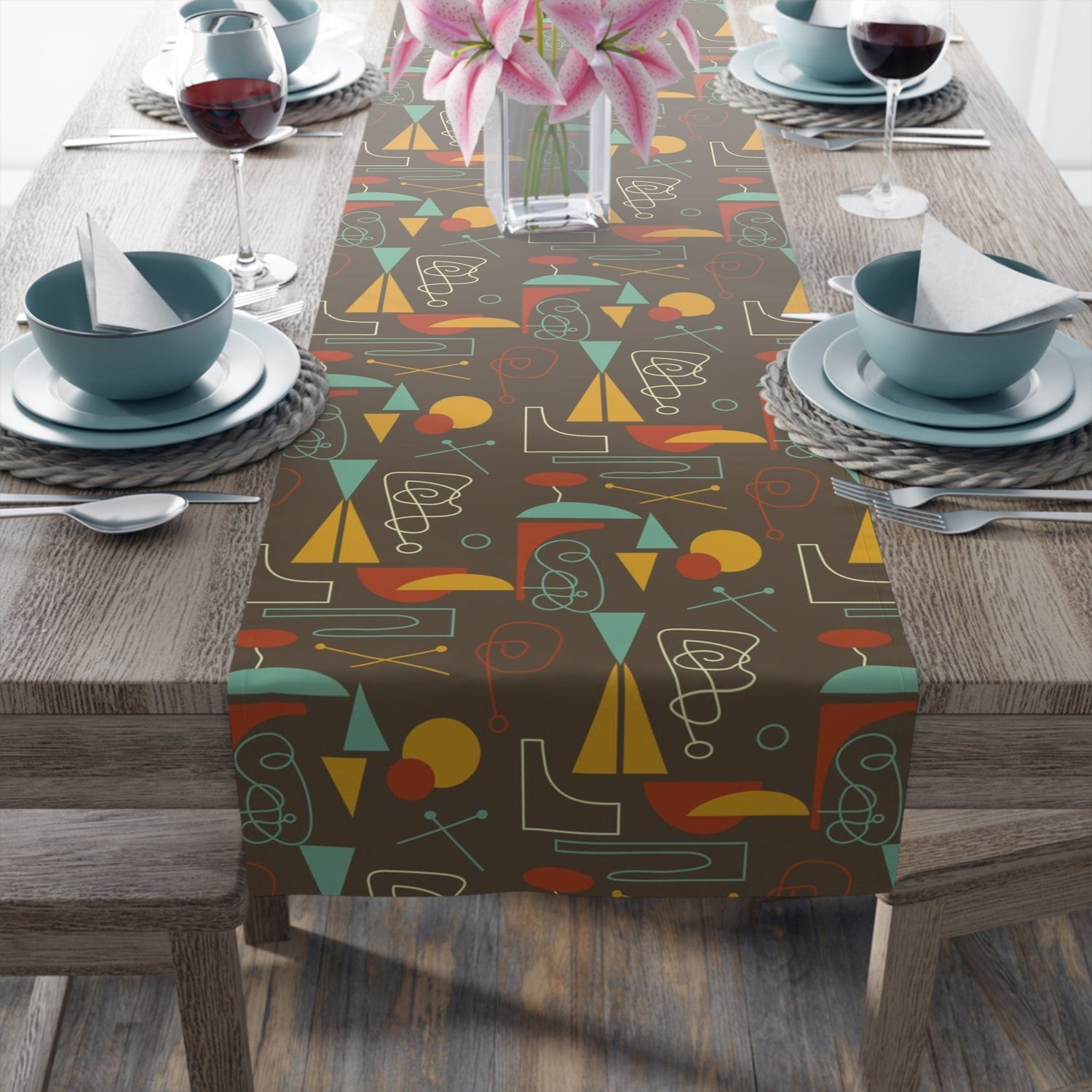 Kate McEnroe New York 1950s Atomic Retro Mid Century Modern Geometric Abstract Table Runner (Cotton, Poly) Table Runners 16&quot; × 72&quot; / Polyester 12246166410310351222