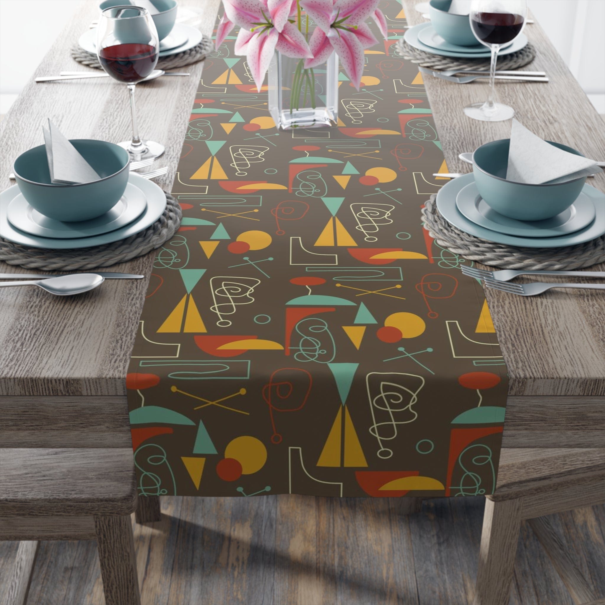 Kate McEnroe New York 1950s Atomic Retro Mid Century Modern Geometric Abstract Table Runner (Cotton, Poly) Table Runners 16&quot; × 90&quot; / Polyester 11430722716878380511