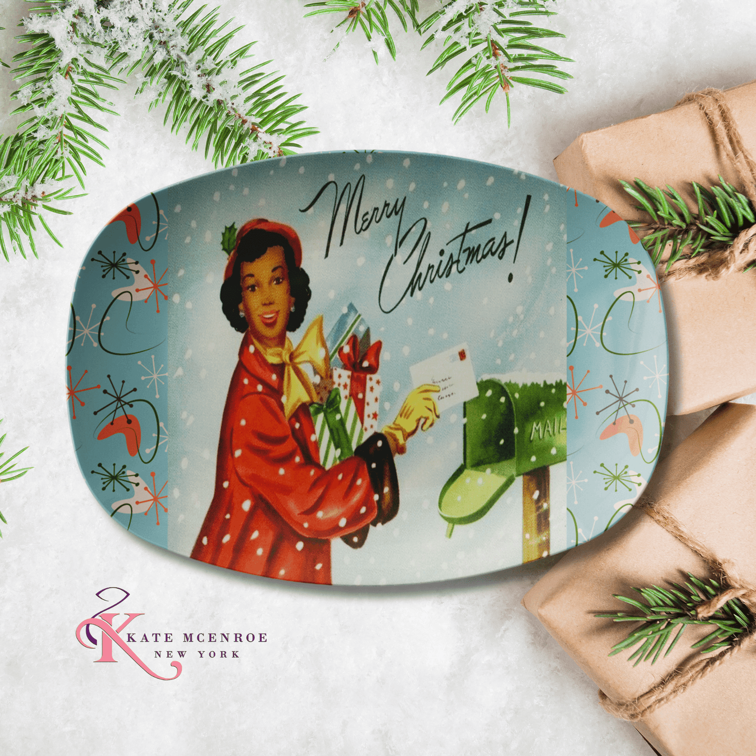 Kate McEnroe New York 1950s Kitsch Christmas Serving Platter Mid Century Holiday Retro DinnerwareServing PlattersKCP - XMAS - 005