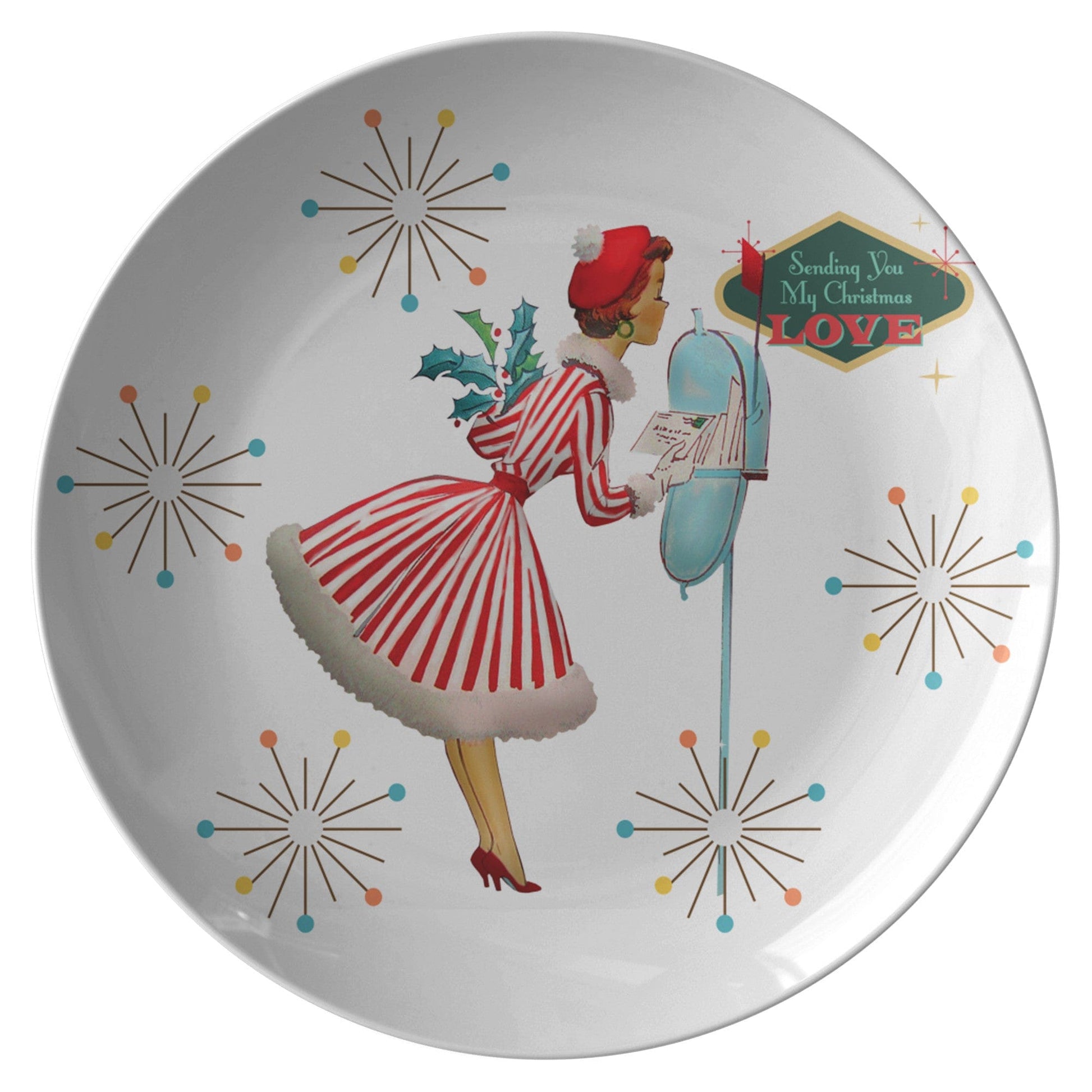 teelaunch 1950s Kitsch Retro Vintage Christmas Card Art Mid Century Dinner Plate Kitchenware