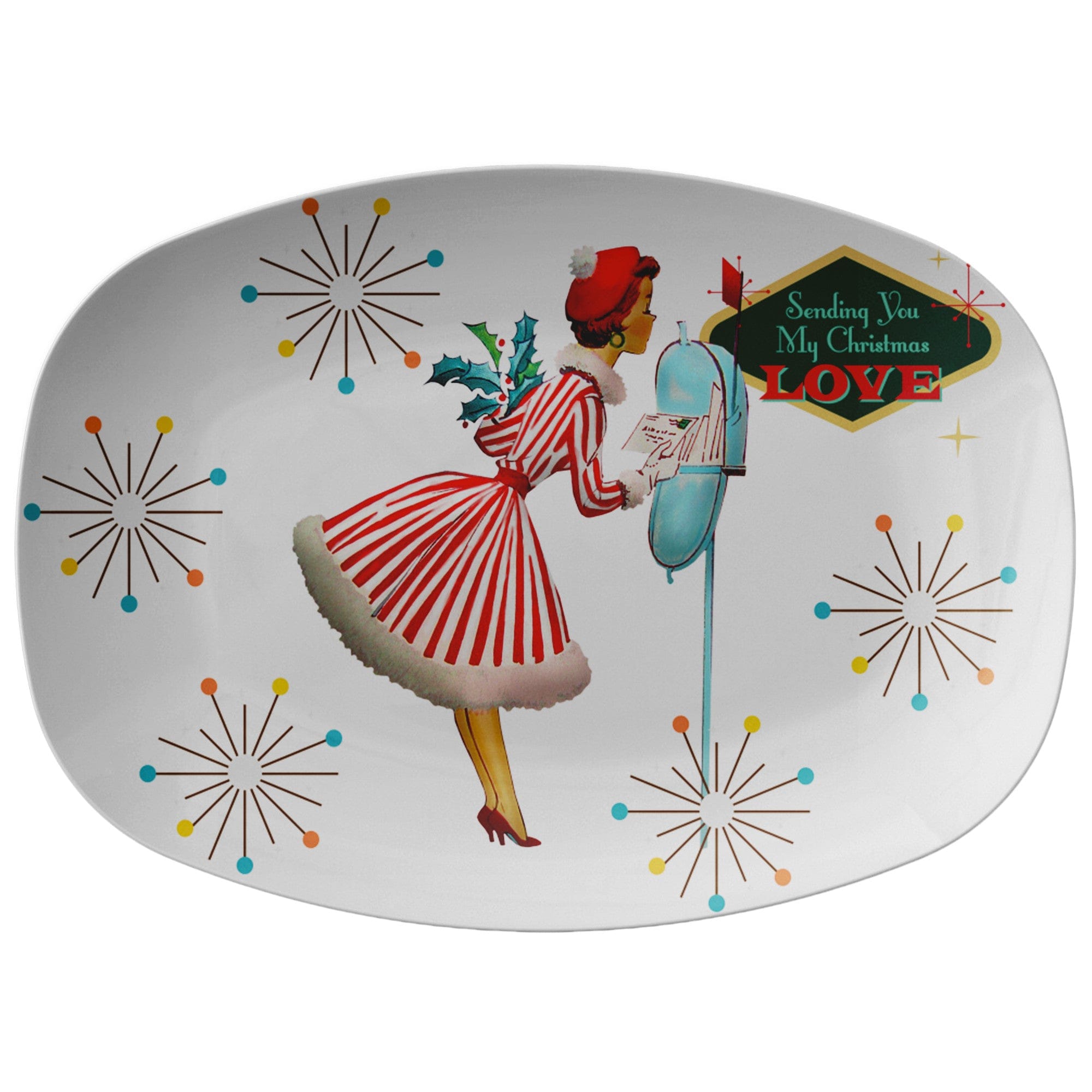 teelaunch 1950s Kitsch Retro Vintage Christmas Card Art Mid Century Serving Platter Kitchenware 9727
