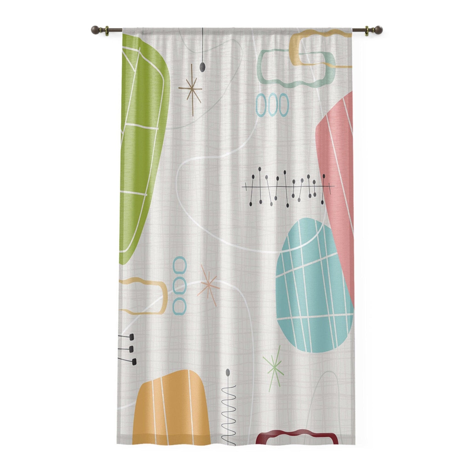 Kate McEnroe New York 1950s Mid Century Modern Abstract Window Curtains in Retro Teal, Lime Green, Coral, Light Gray Window Curtains