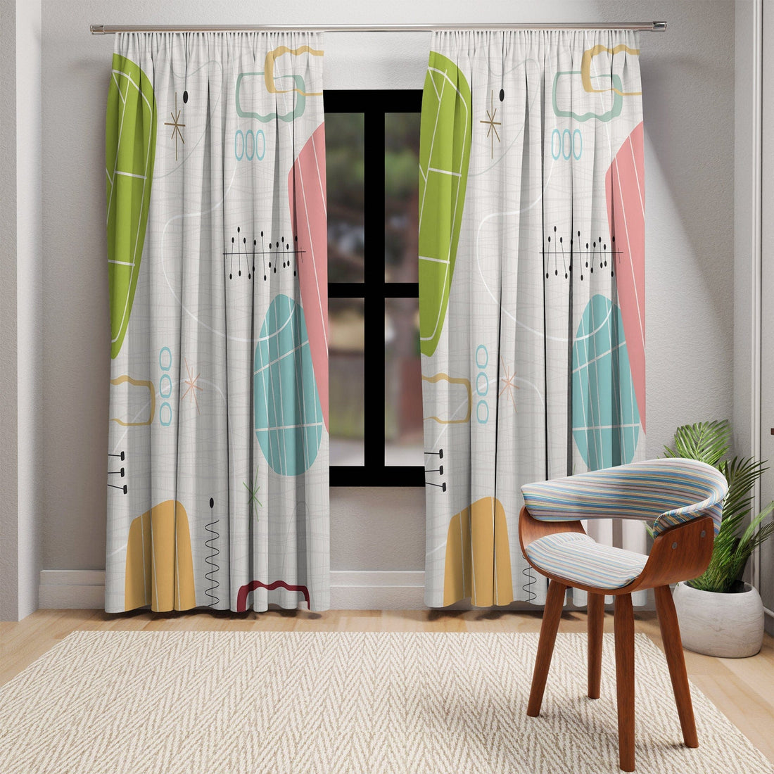 Kate McEnroe New York 1950s Mid Century Modern Abstract Window Curtains in Retro Teal, Lime Green, Coral, Light Gray Window Curtains