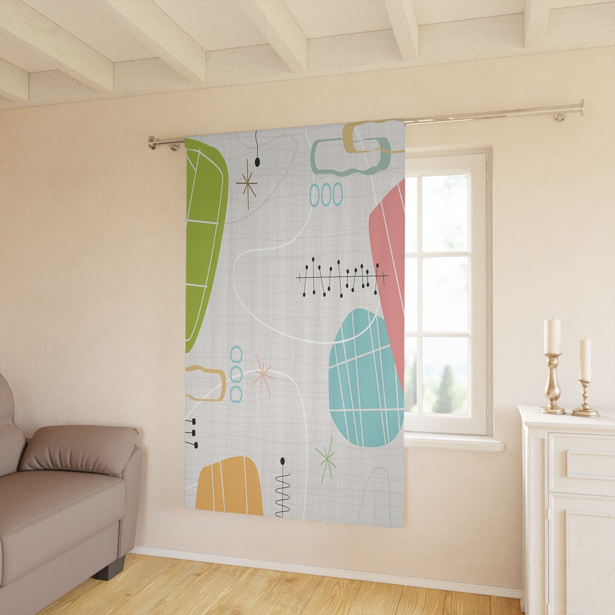 Kate McEnroe New York 1950s Mid Century Modern Abstract Window Curtains in Retro Teal, Lime Green, Coral, Light GrayWindow CurtainsW3D - BRK - CLT - SH7