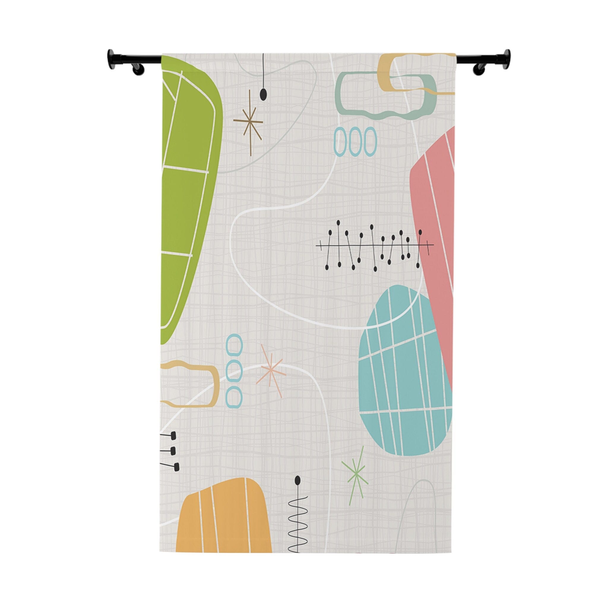 Kate McEnroe New York 1950s Mid Century Modern Abstract Window Curtains in Retro Teal, Lime Green, Coral, Light GrayWindow CurtainsW3D - BRK - CLT - SH7