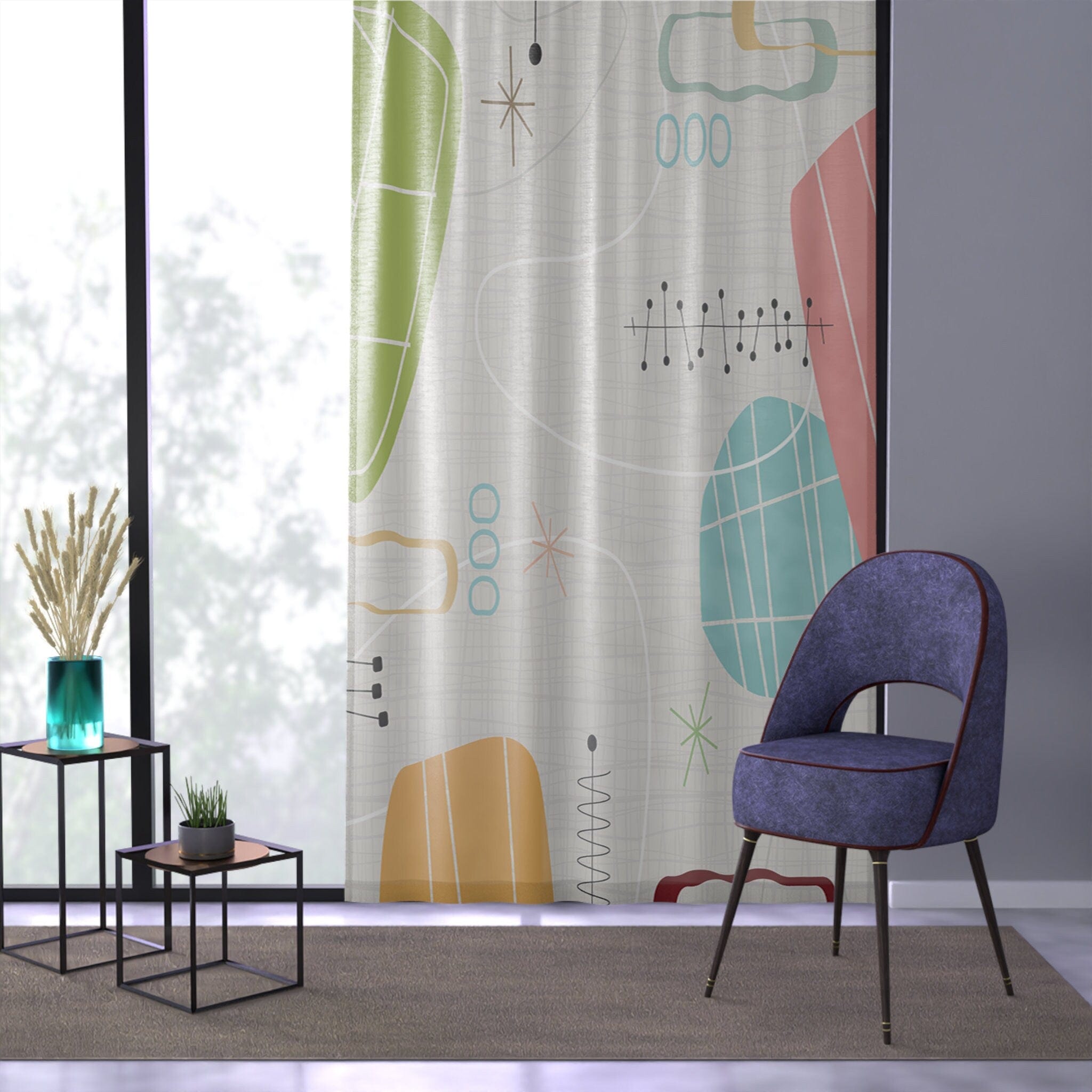 Kate McEnroe New York 1950s Mid Century Modern Abstract Window Curtains in Retro Teal, Lime Green, Coral, Light GrayWindow CurtainsW3D - BRK - CLT - SH7