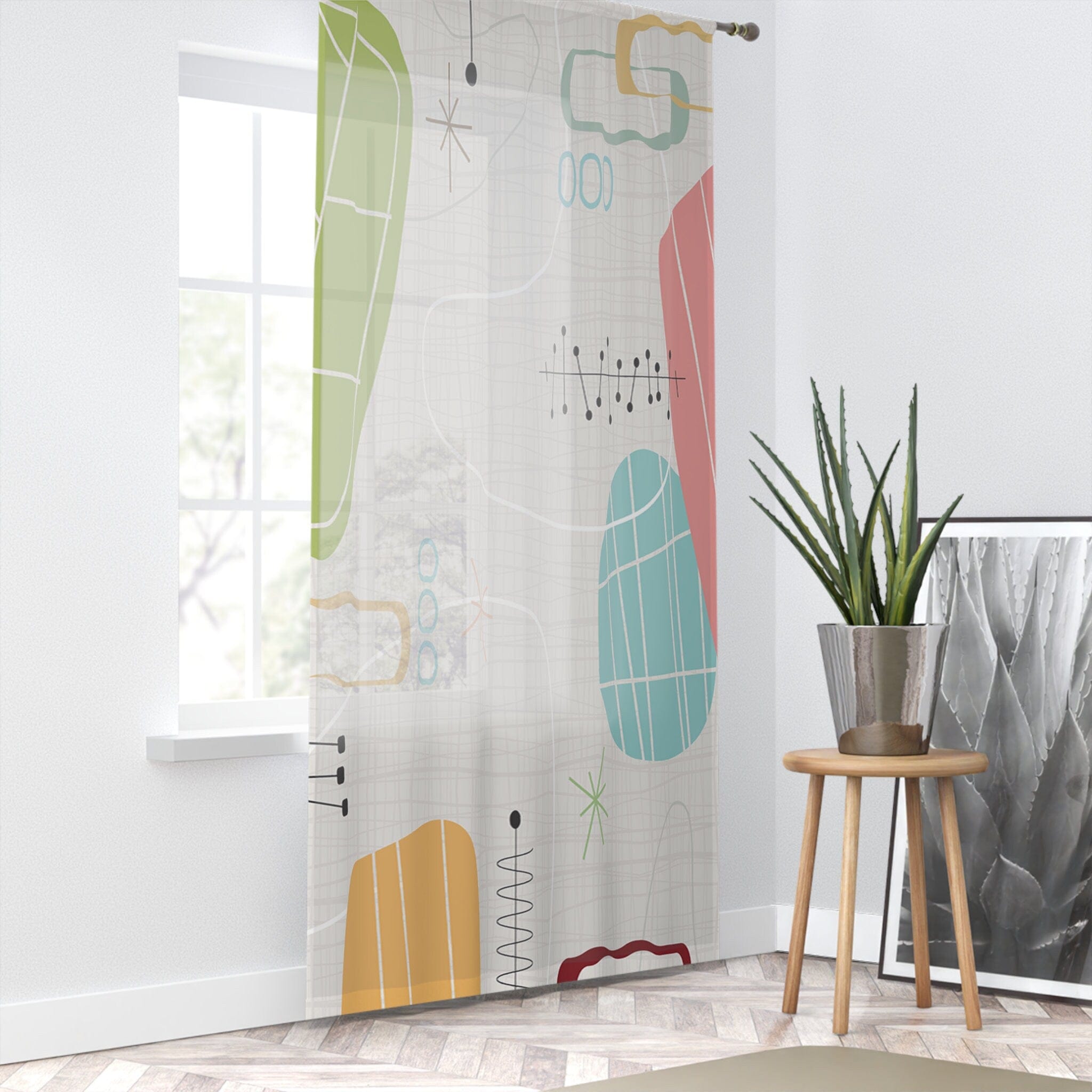 Kate McEnroe New York 1950s Mid Century Modern Abstract Window Curtains in Retro Teal, Lime Green, Coral, Light GrayWindow CurtainsW3D - BRK - CLT - SH7