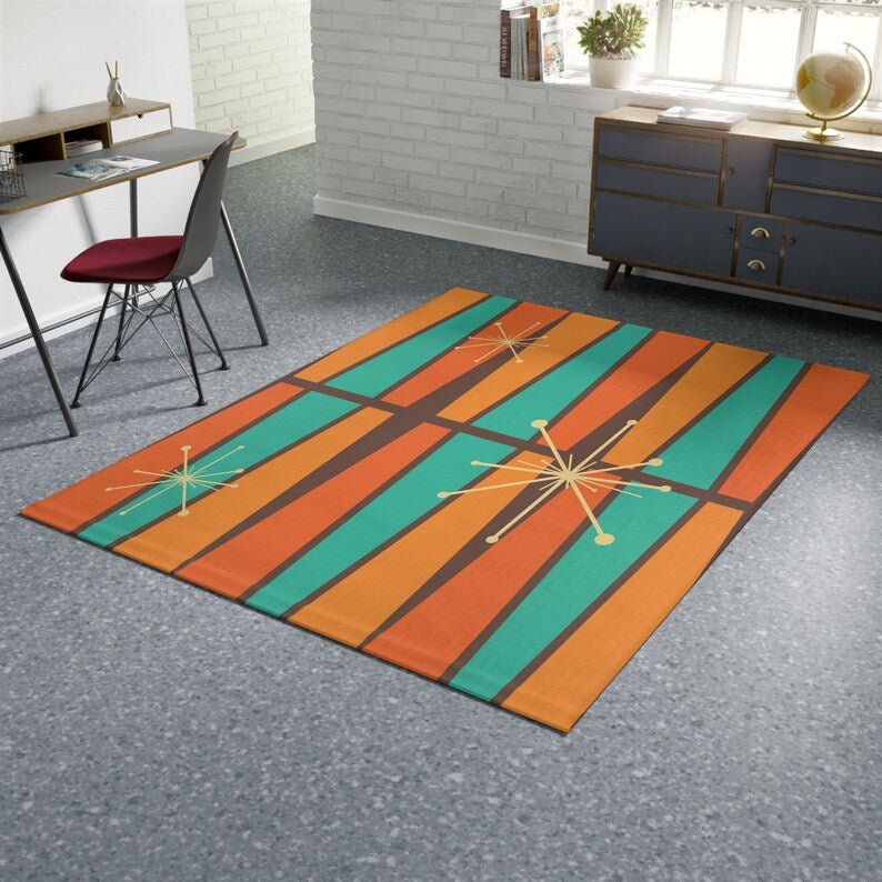 Kate McEnroe New York 1950s Mid Century Modern Atomic Area Rug, Retro Vintage Burnt Orange, Teal, Beige, Mustard Yellow Geometric Abstract Accent Rug, MCM RugRugs10266535565134657351