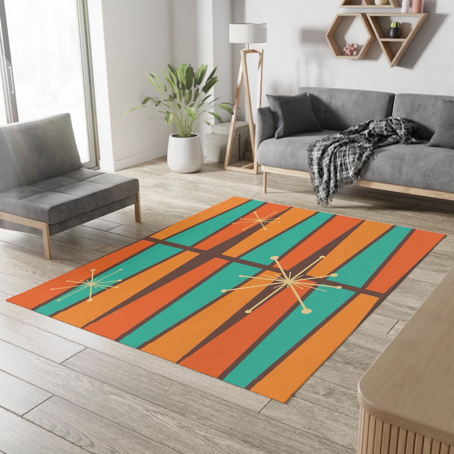 Kate McEnroe New York 1950s Mid Century Modern Atomic Area Rug, Retro Vintage Burnt Orange, Teal, Beige, Mustard Yellow Geometric Abstract Accent Rug, MCM RugRugs10266535565134657351