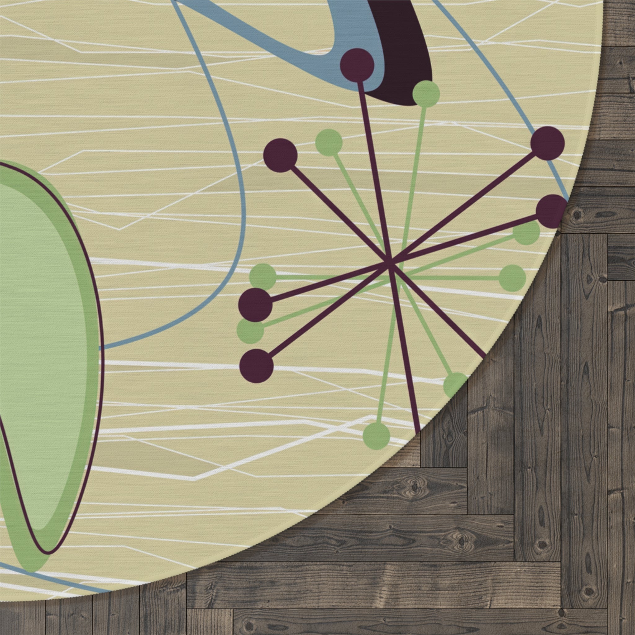 Kate McEnroe New York 1950s Mid Century Modern Atomic Boomerang Round Rug, MCM Retro Vintage Beige, Blue Green Geometric Starburst Living Room, Bedroom Accent RugRugs22975511523132915274