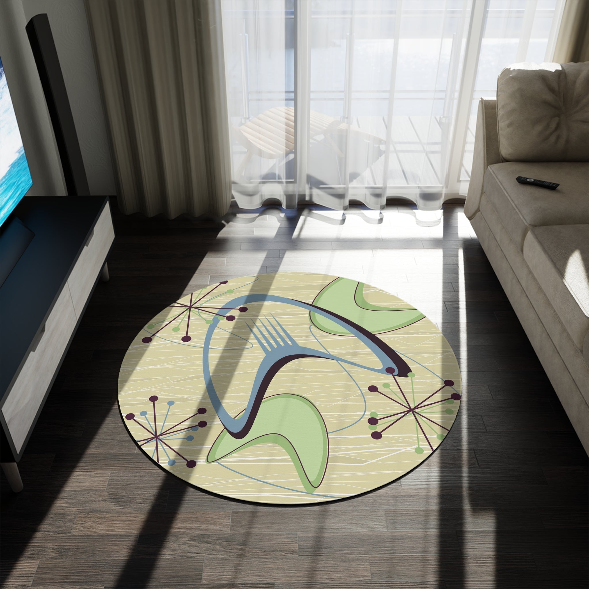 Kate McEnroe New York 1950s Mid Century Modern Atomic Boomerang Round Rug, MCM Retro Vintage Beige, Blue Green Geometric Starburst Living Room, Bedroom Accent RugRugs22975511523132915274
