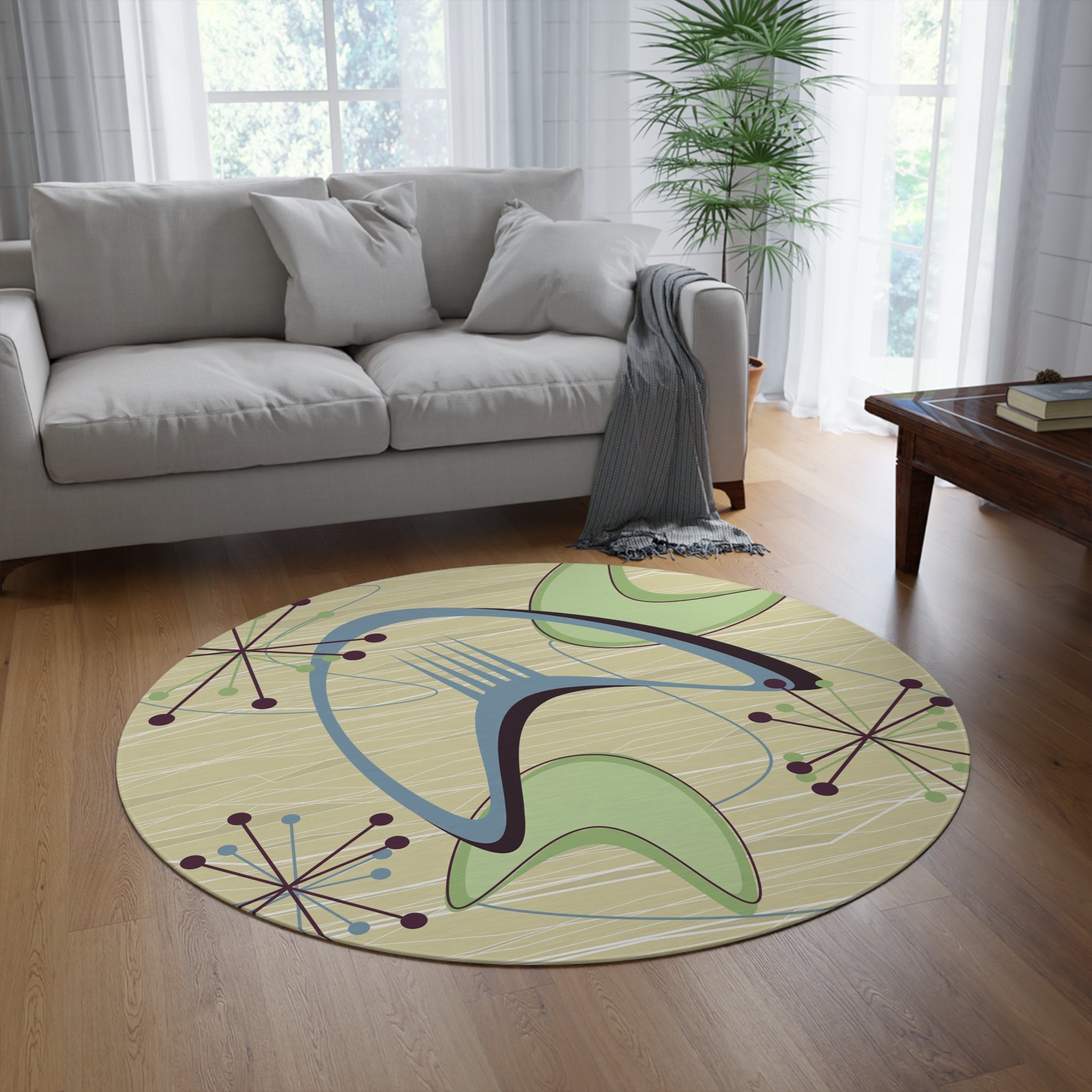 Kate McEnroe New York 1950s Mid Century Modern Atomic Boomerang Round Rug, MCM Retro Vintage Beige, Blue Green Geometric Starburst Living Room, Bedroom Accent RugRugs22975511523132915274