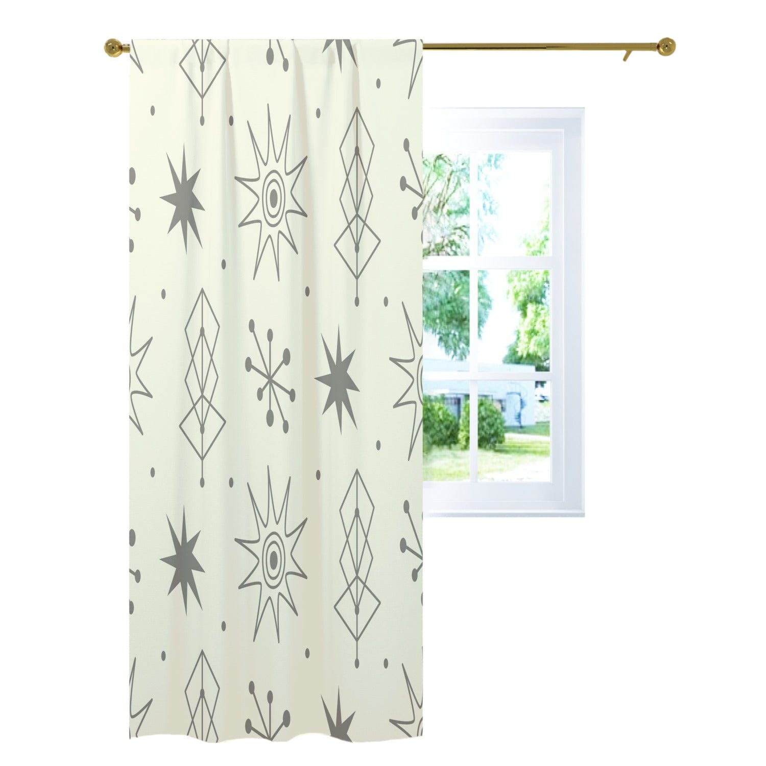 Kate McEnroe New York 1950s Mid Century Modern Atomic Starburst Curtains, Retro Beige, Gray Curtain Panels - 129482023Window Curtains92837