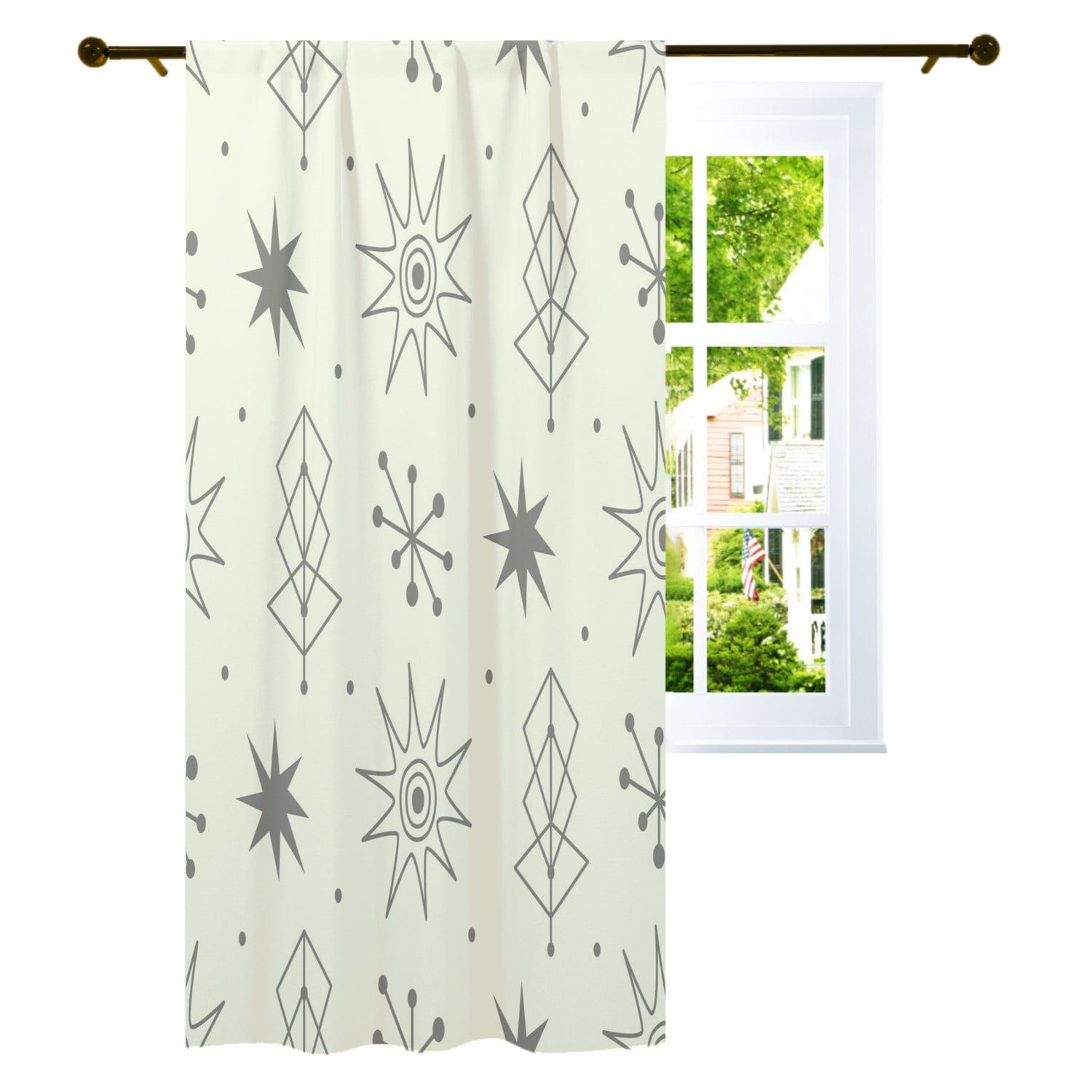 Kate McEnroe New York 1950s Mid Century Modern Atomic Starburst Curtains, Retro Beige, Gray Curtain Panels - 129482023Window Curtains92841