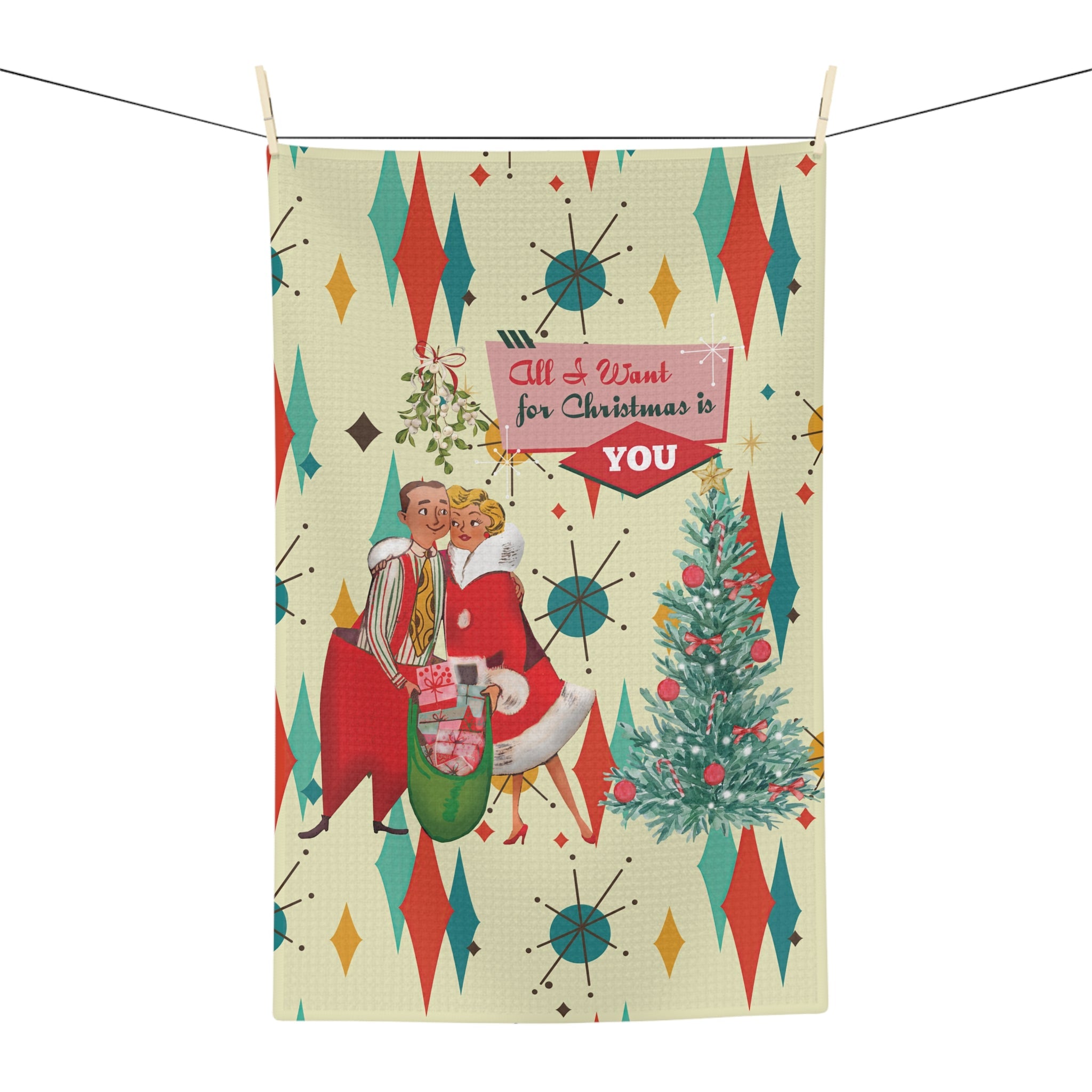 Kate McEnroe New York 1950s Retro Kitsch Christmas Card Art Soft Tea Towel, Franciscan Diamond Starburst Kitchen LinenTea Towels17896219372607616956