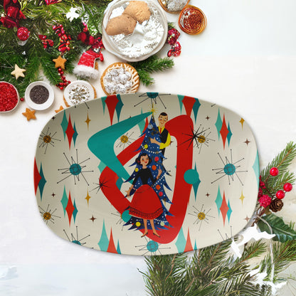 Kate McEnroe New York 1950s Retro Kitsch Christmas Platter, Mid Century Modern Boomerang Holiday Couple, Franciscan Starburst Atomic ServewareServing Platters9727