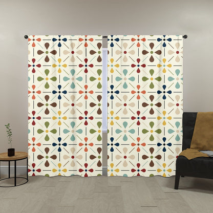 Kate McEnroe New York 1950s Retro Scandinavian Floral Mid Century Modern Window Curtains (two panels), Minimalist MCM Cream, Olive, Mustard, Brown Curtain Panel DrapesWindow Curtains107766