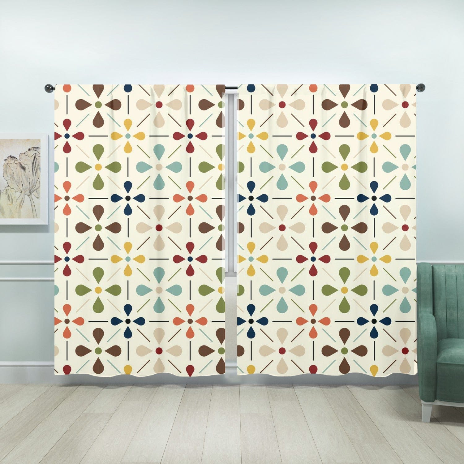 Kate McEnroe New York 1950s Retro Scandinavian Floral Mid Century Modern Window Curtains (two panels), Minimalist MCM Cream, Olive, Mustard, Brown Curtain Panel DrapesWindow Curtains107765