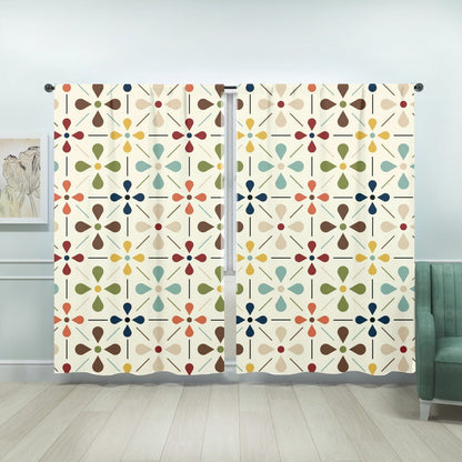 Kate McEnroe New York 1950s Retro Scandinavian Floral Mid Century Modern Window Curtains (two panels), Minimalist MCM Cream, Olive, Mustard, Brown Curtain Panel DrapesWindow Curtains107765