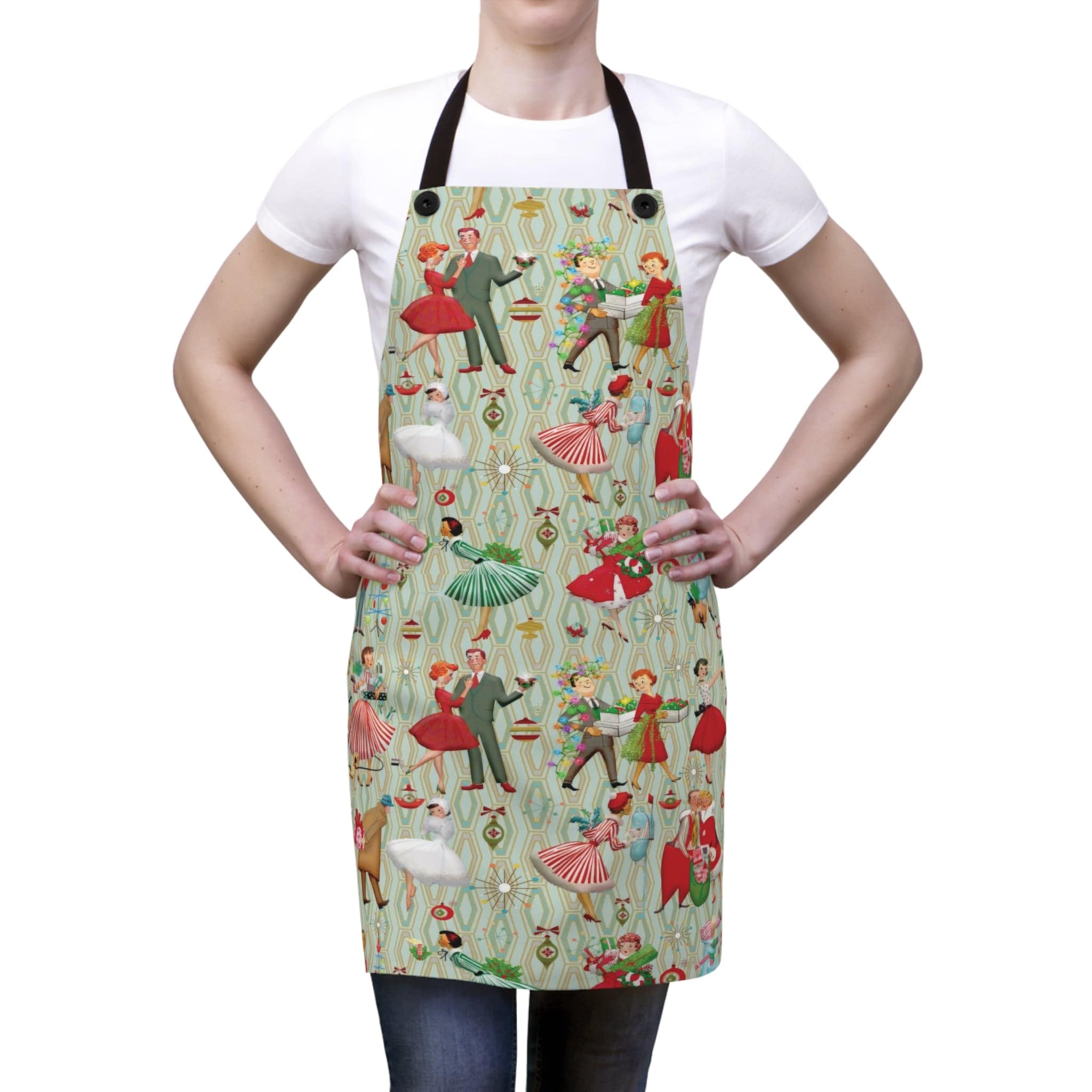 Kate McEnroe New York 1950s Retro Vintage Christmas Apron, Mid Century Modern Green, Red, Festive Kitchen WearAprons22953637244634347067
