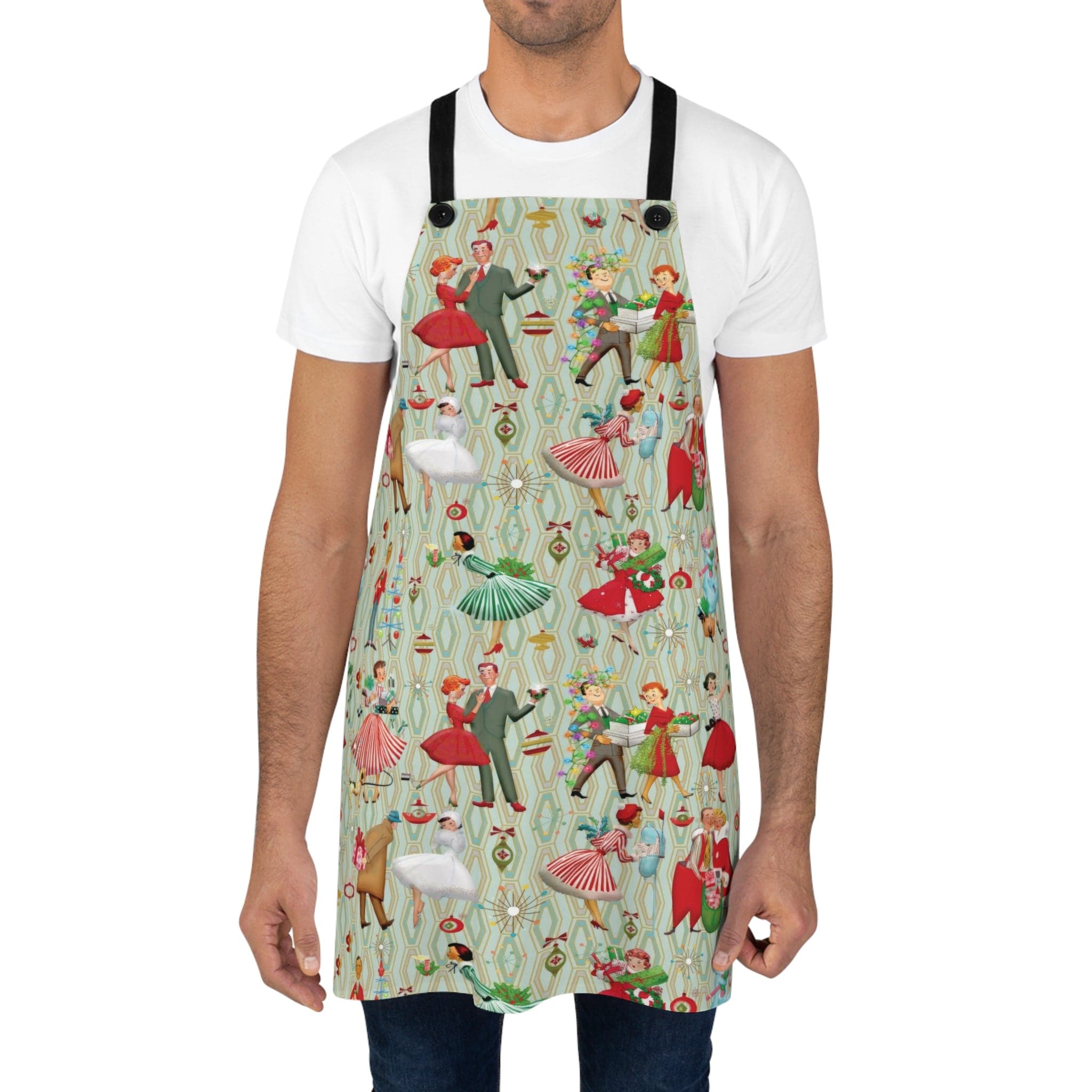 Kate McEnroe New York 1950s Retro Vintage Christmas Apron, Mid Century Modern Green, Red, Festive Kitchen WearAprons22953637244634347067