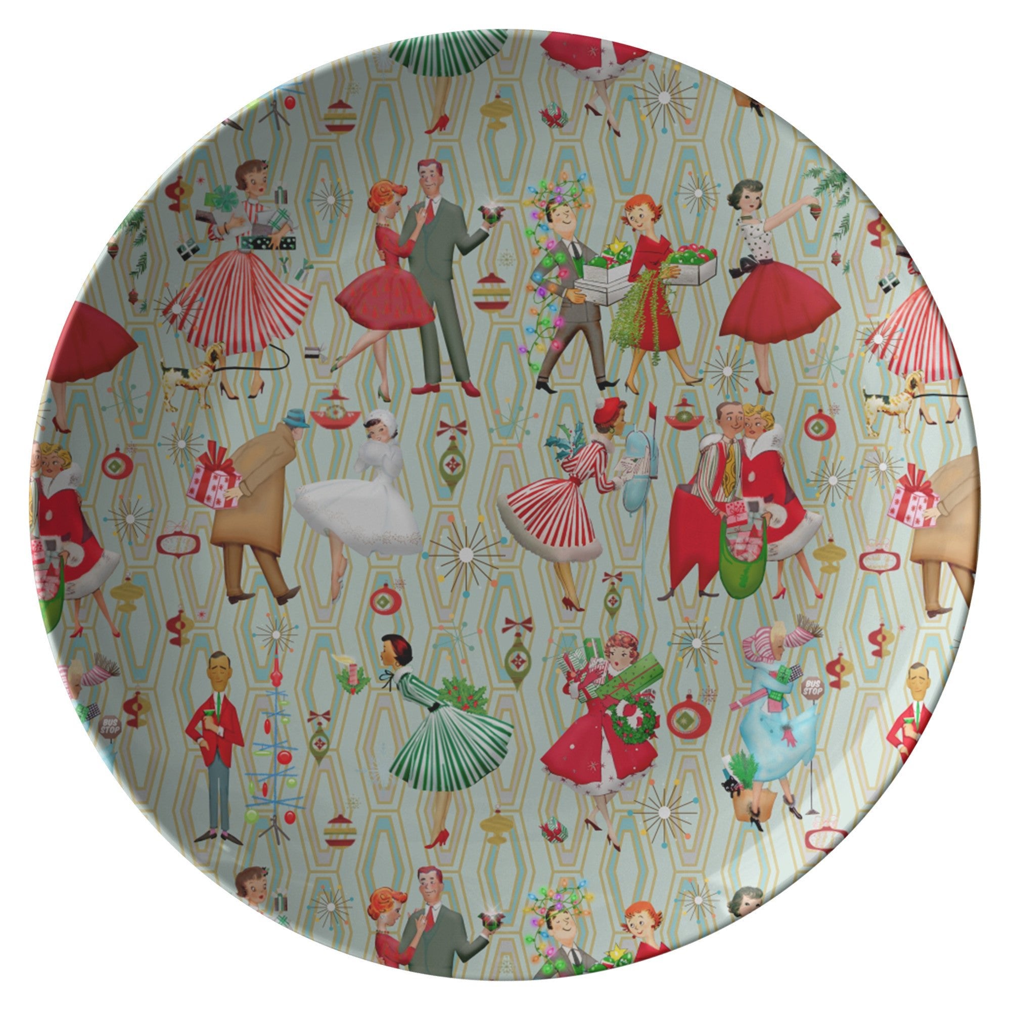 Kate McEnroe New York 1950s Retro Vintage Christmas Dinner Plate, Mid Century Modern Green, Red, Women, Ladies, Housewives Holiday Party DishPlates9820SINGLE