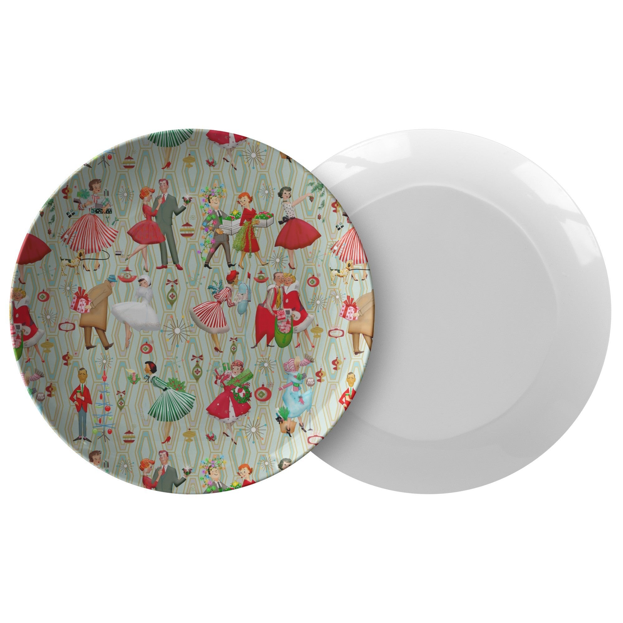Kate McEnroe New York 1950s Retro Vintage Christmas Dinner Plate, Mid Century Modern Green, Red, Women, Ladies, Housewives Holiday Party DishPlates9820SINGLE
