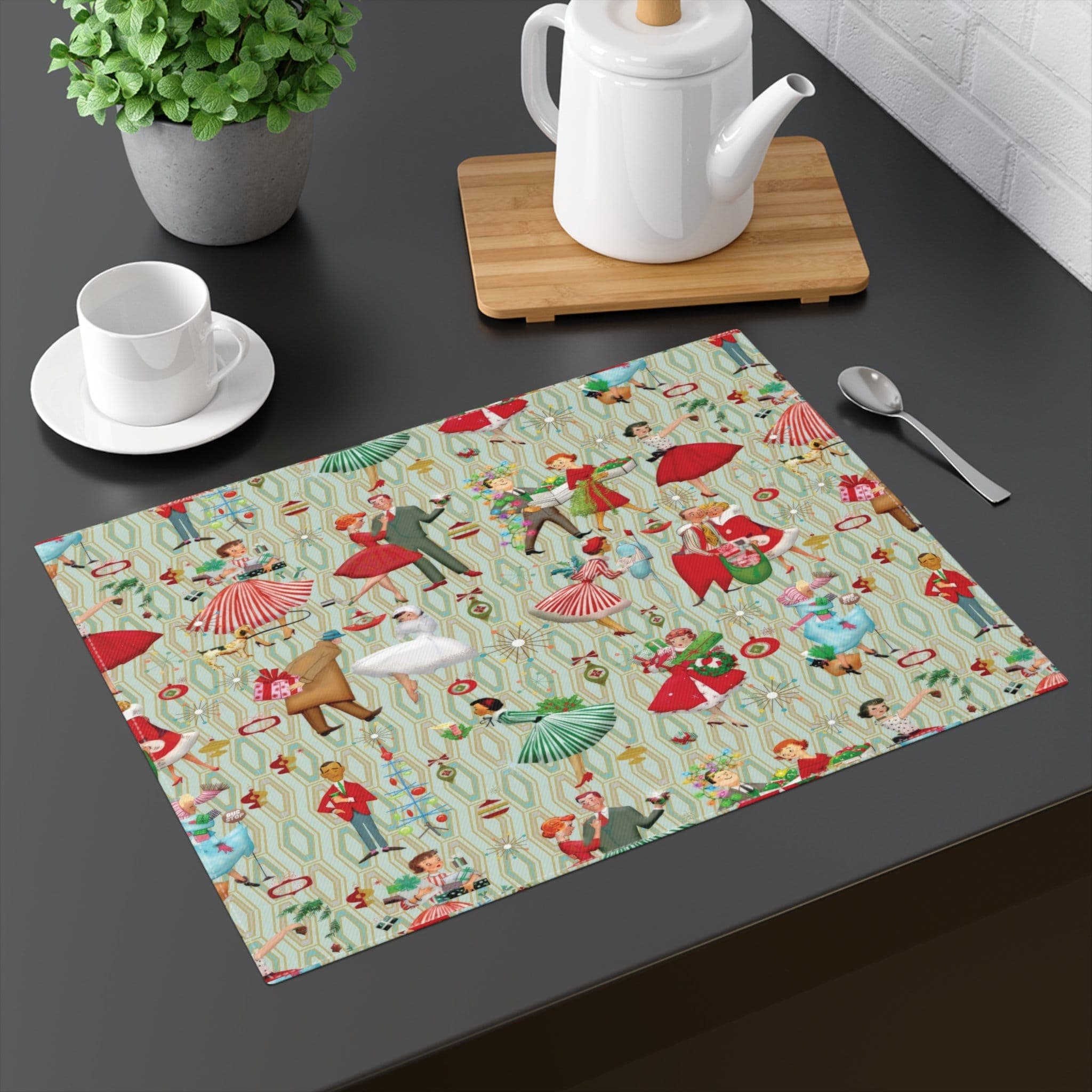 Kate McEnroe New York 1950s Retro Vintage Christmas Placemats, Mid Century Modern Green &amp; Red, Ladies Holiday Table MatPlacematsDPM - VIN - WOM - 3