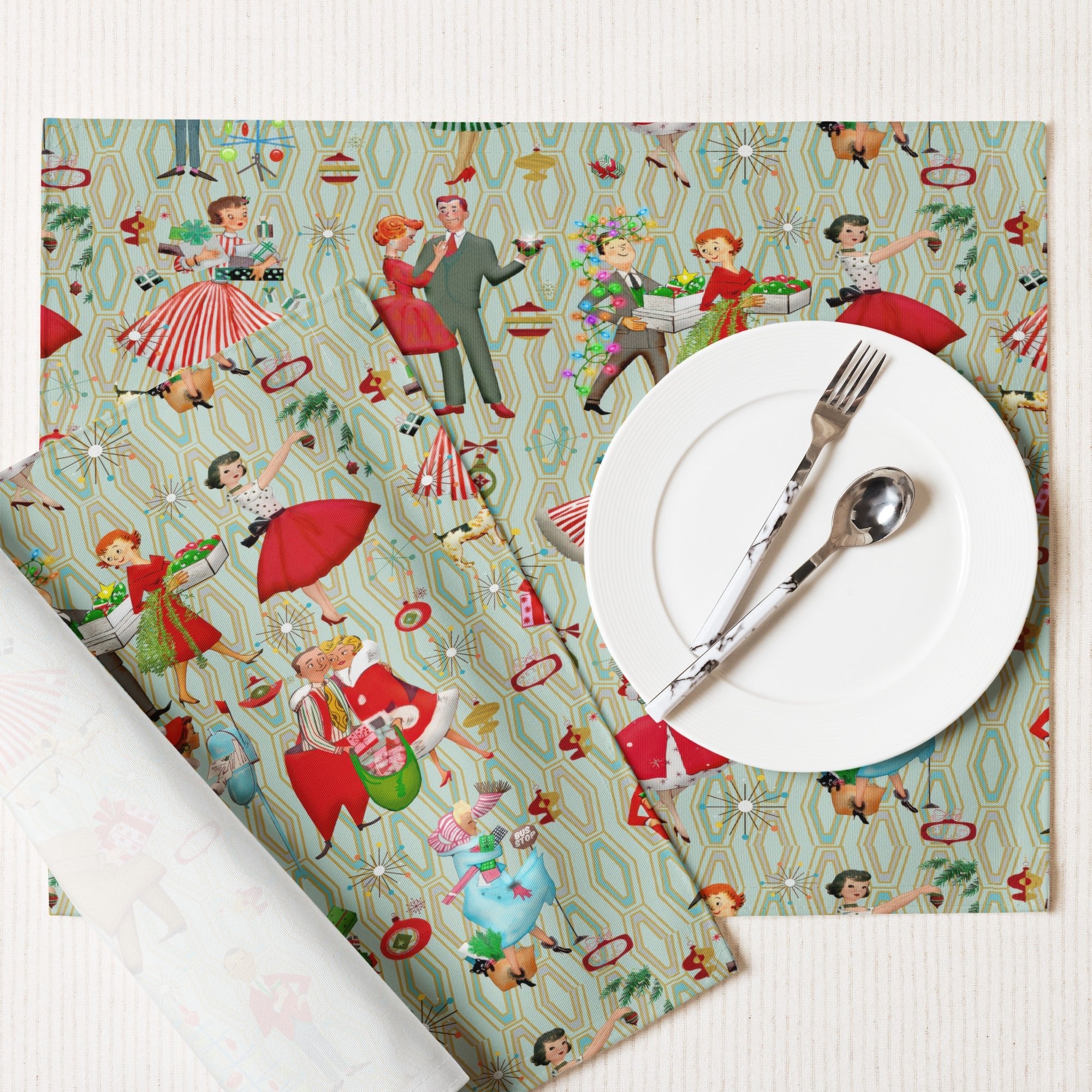 Kate McEnroe New York 1950s Retro Vintage Christmas Placemats Set of 4, Mid Century Modern Green Red Holiday TablePlacemats6836692_17484