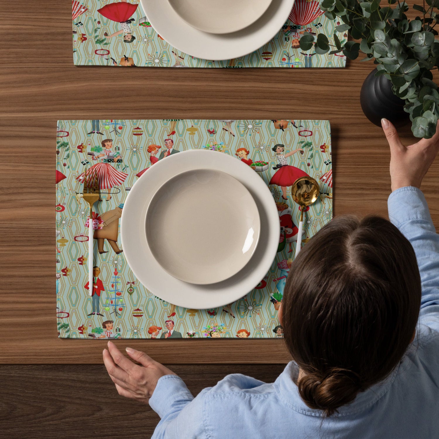 Kate McEnroe New York 1950s Retro Vintage Christmas Placemats Set of 4, Mid Century Modern Green Red Holiday TablePlacemats6836692_17484