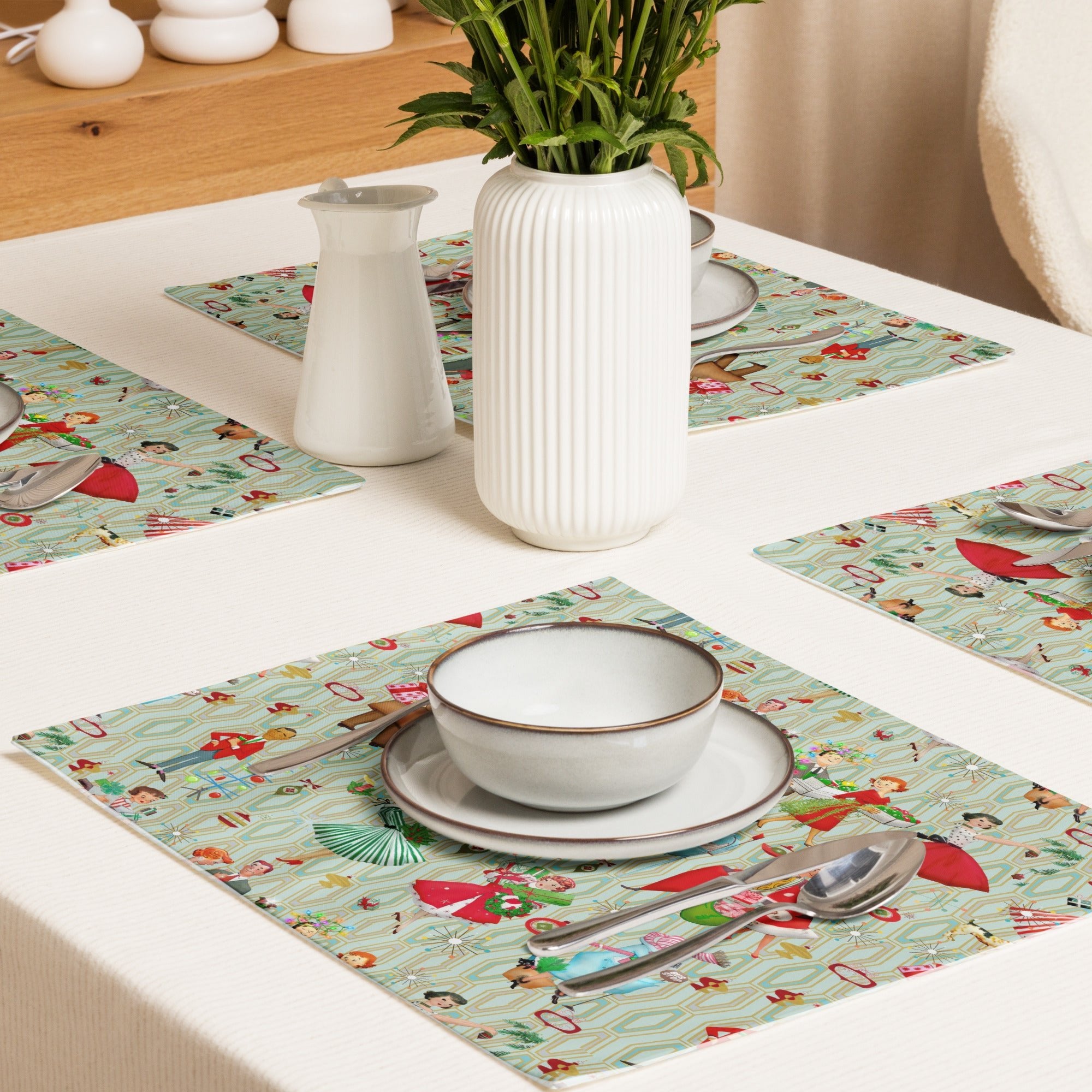 Kate McEnroe New York 1950s Retro Vintage Christmas Placemats Set of 4, Mid Century Modern Green Red Holiday TablePlacemats6836692_17484