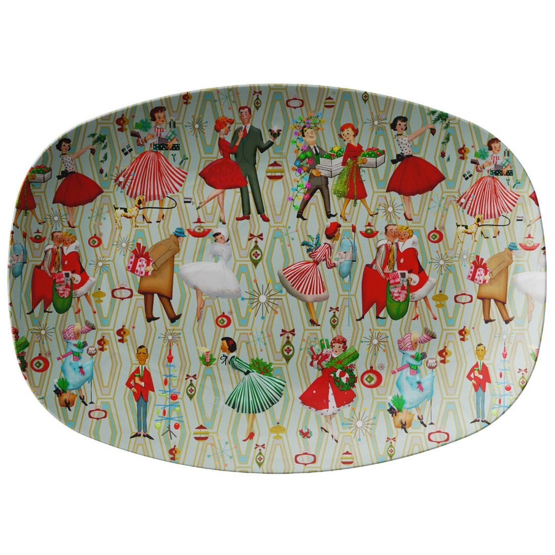 Kate McEnroe New York 1950s Retro Vintage Christmas Platter, Mid Century Modern Green, Red, Women, Ladies, Housewives Holiday Party DishServing Platters9727