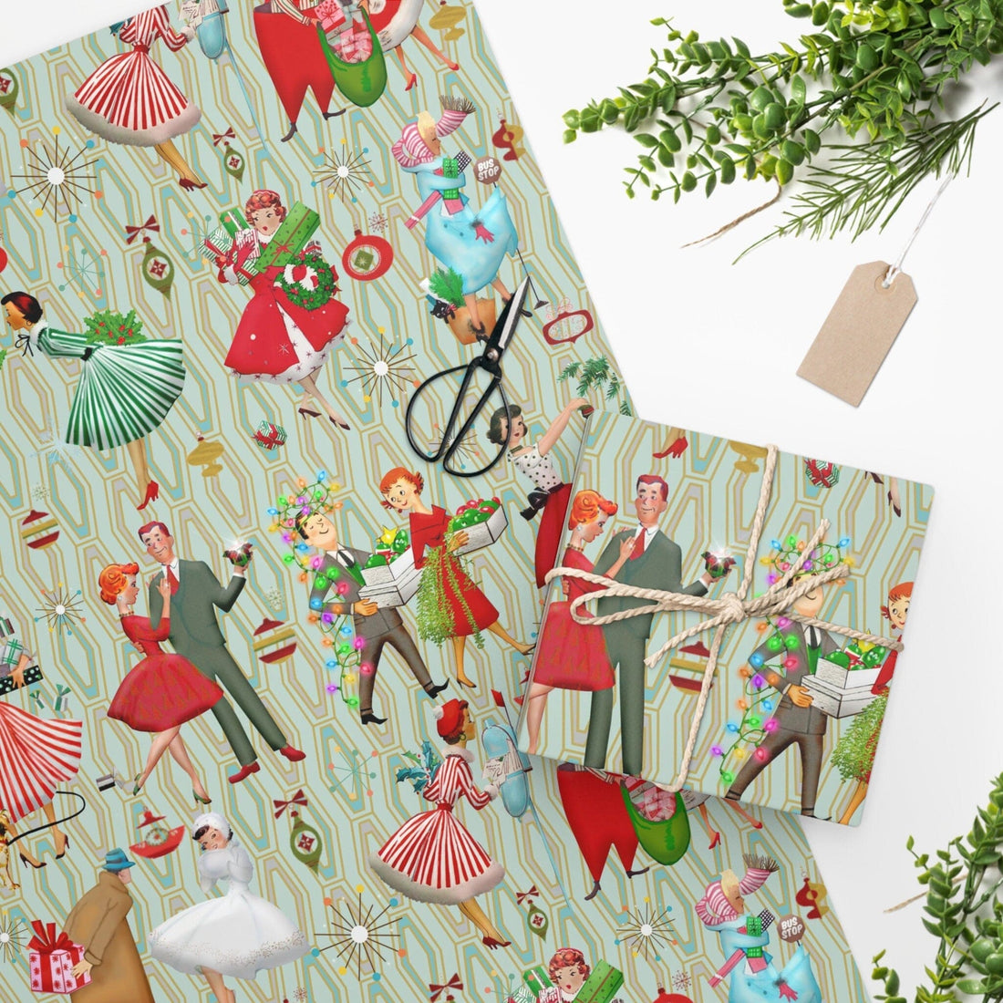 Kate McEnroe New York 1950s Retro Vintage Christmas Wrapping Paper, Mid Century Modern Retro Green, Red, Women, Ladies, Housewives Holiday Gift Wrap Seasonal &amp; Holiday Decorations
