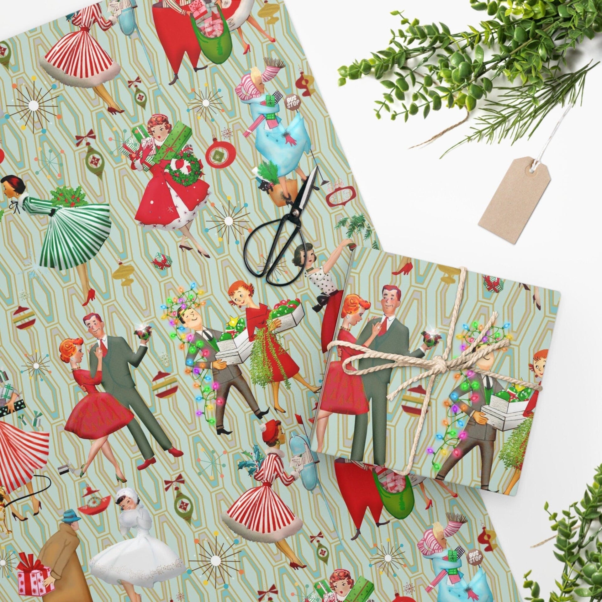 1950s Retro Vintage Christmas Wrapping Paper, Mid Century Modern Retro  Green, Red, Women, Ladies, Housewives Holiday Gift Wrap
