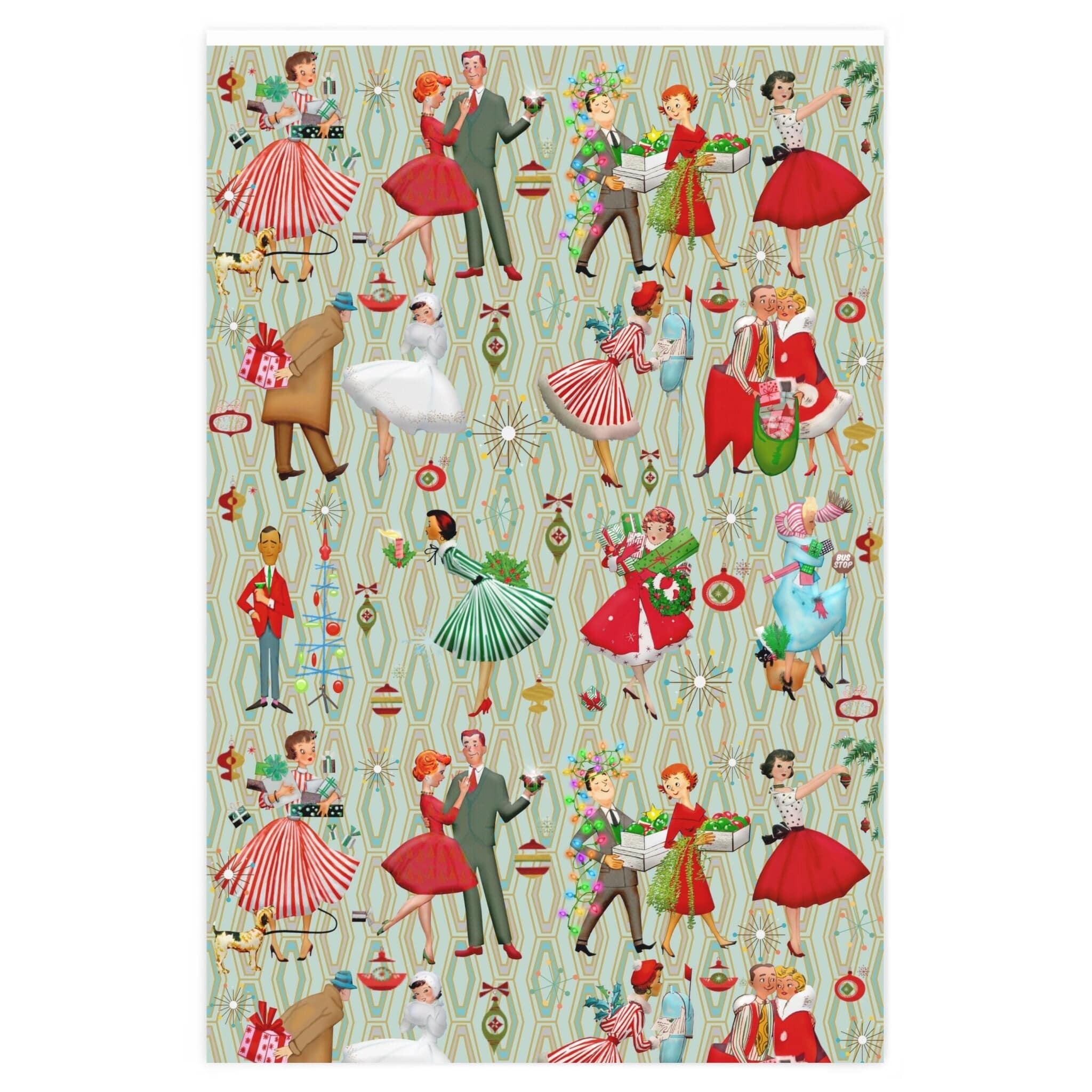 Kate McEnroe New York 1950s Retro Vintage Christmas Wrapping Paper, Mid Century Modern Retro Green, Red, Women, Ladies, Housewives Holiday Gift Wrap Seasonal &amp; Holiday Decorations