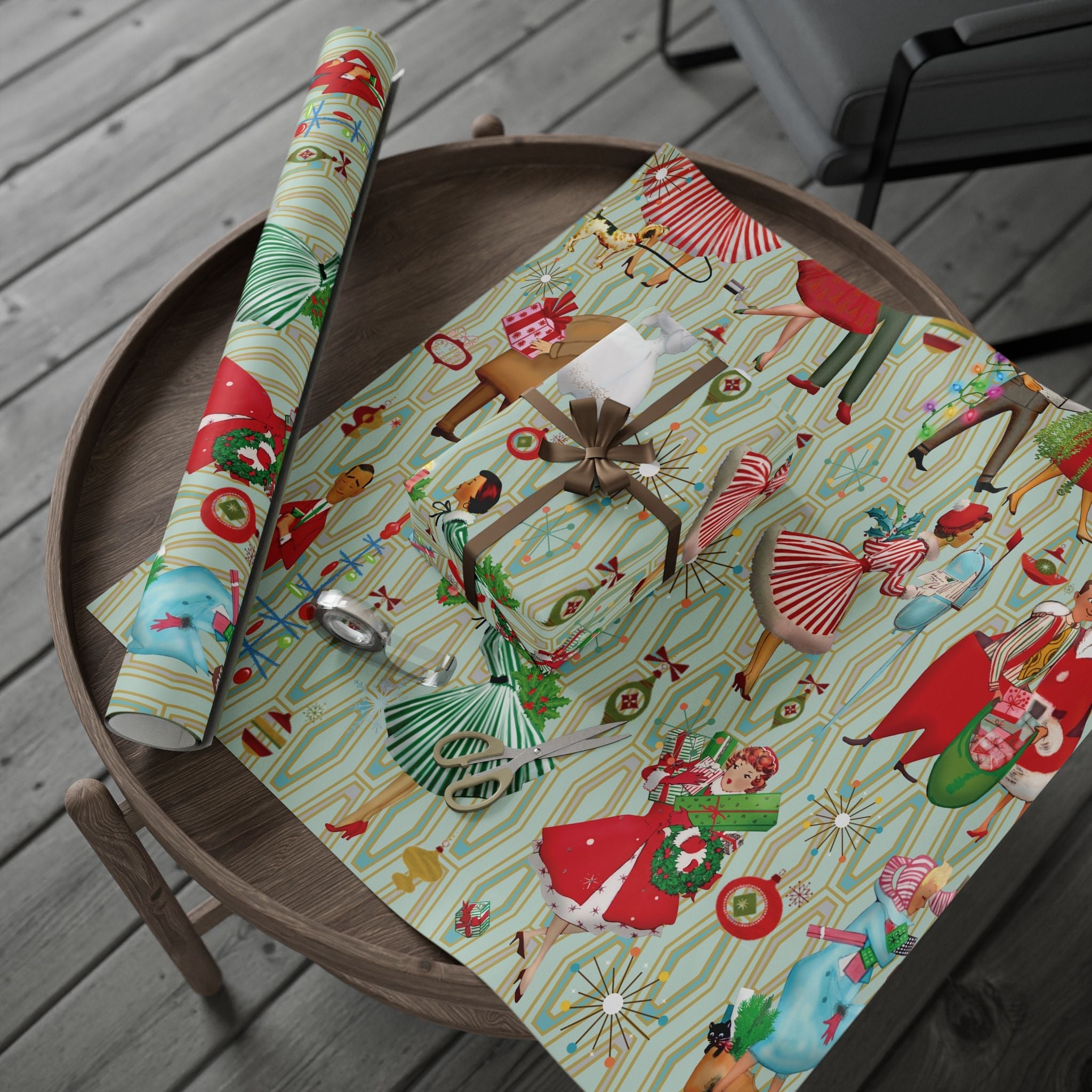 Kate McEnroe New York 1950s Retro Vintage Christmas Wrapping Paper, Mid Century Modern Retro Green, Red, Women, Ladies, Housewives Holiday Gift WrapWrapping Paper28094235384764119891