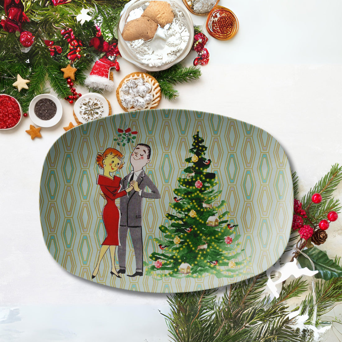 Kate McEnroe New York 1950s Retro Vintage Kitsch Couple Christmas Platter, Mid Century Modern Holiday Kitchen GiftsServing Platters9727