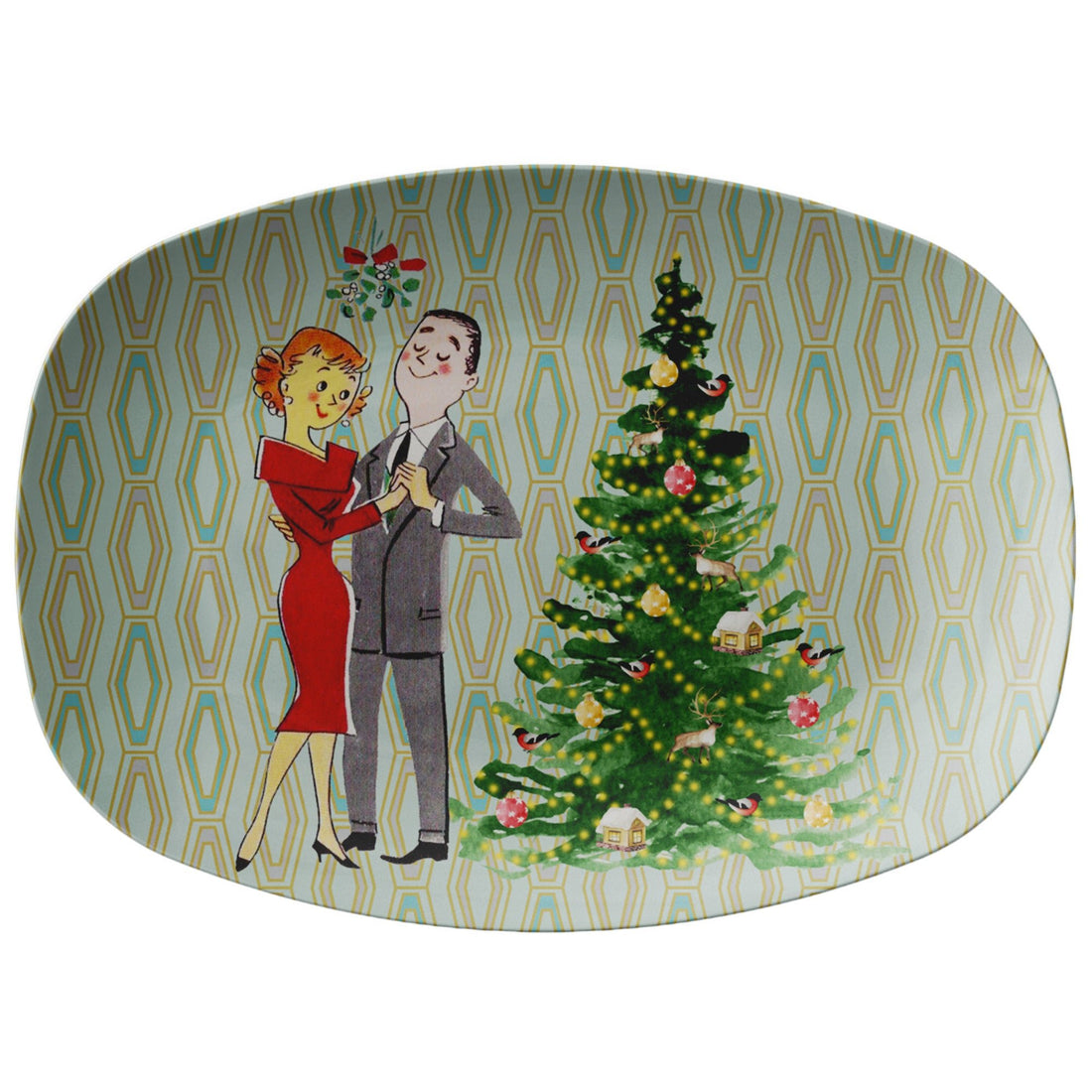 Kate McEnroe New York 1950s Retro Vintage Kitsch Couple Christmas Platter, Mid Century Modern Holiday Kitchen GiftsServing Platters9727