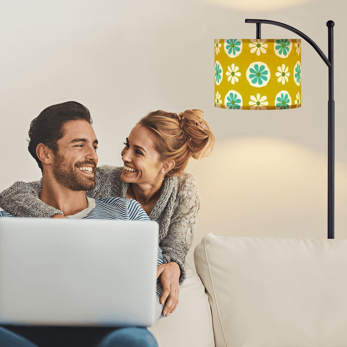 Kate McEnroe New York 1960s Groovy Daisy Floral Arc Floor Lamp, Mid Century Modern Mustard Retro LightingArc Floor LampsFlFHul7L1M