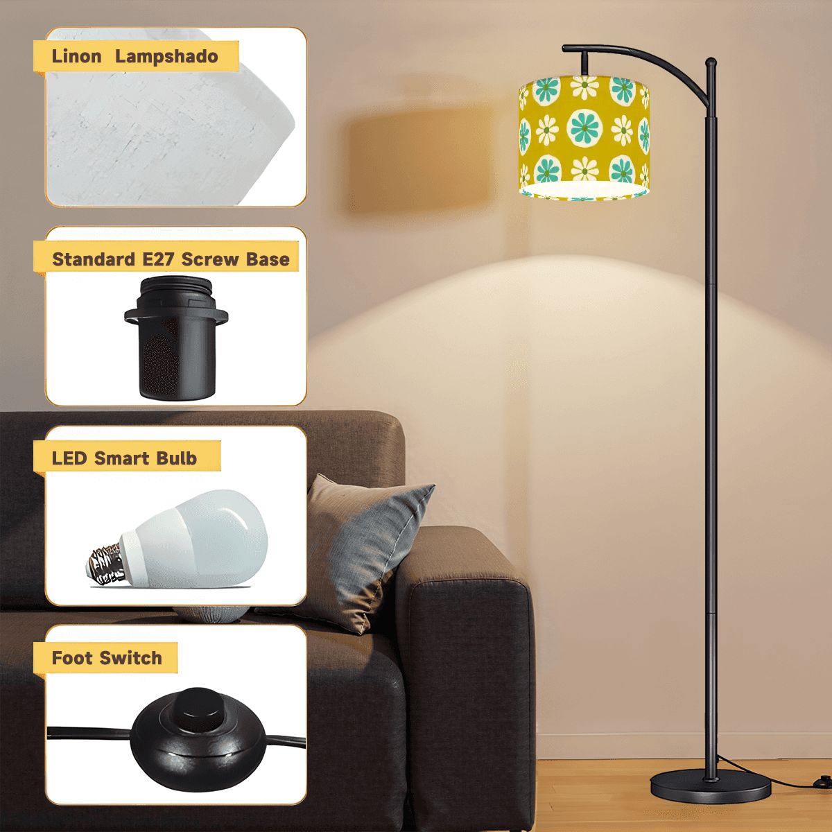 Kate McEnroe New York 1960s Groovy Daisy Floral Arc Floor Lamp, Mid Century Modern Mustard Retro LightingArc Floor LampsFlFHul7L1M